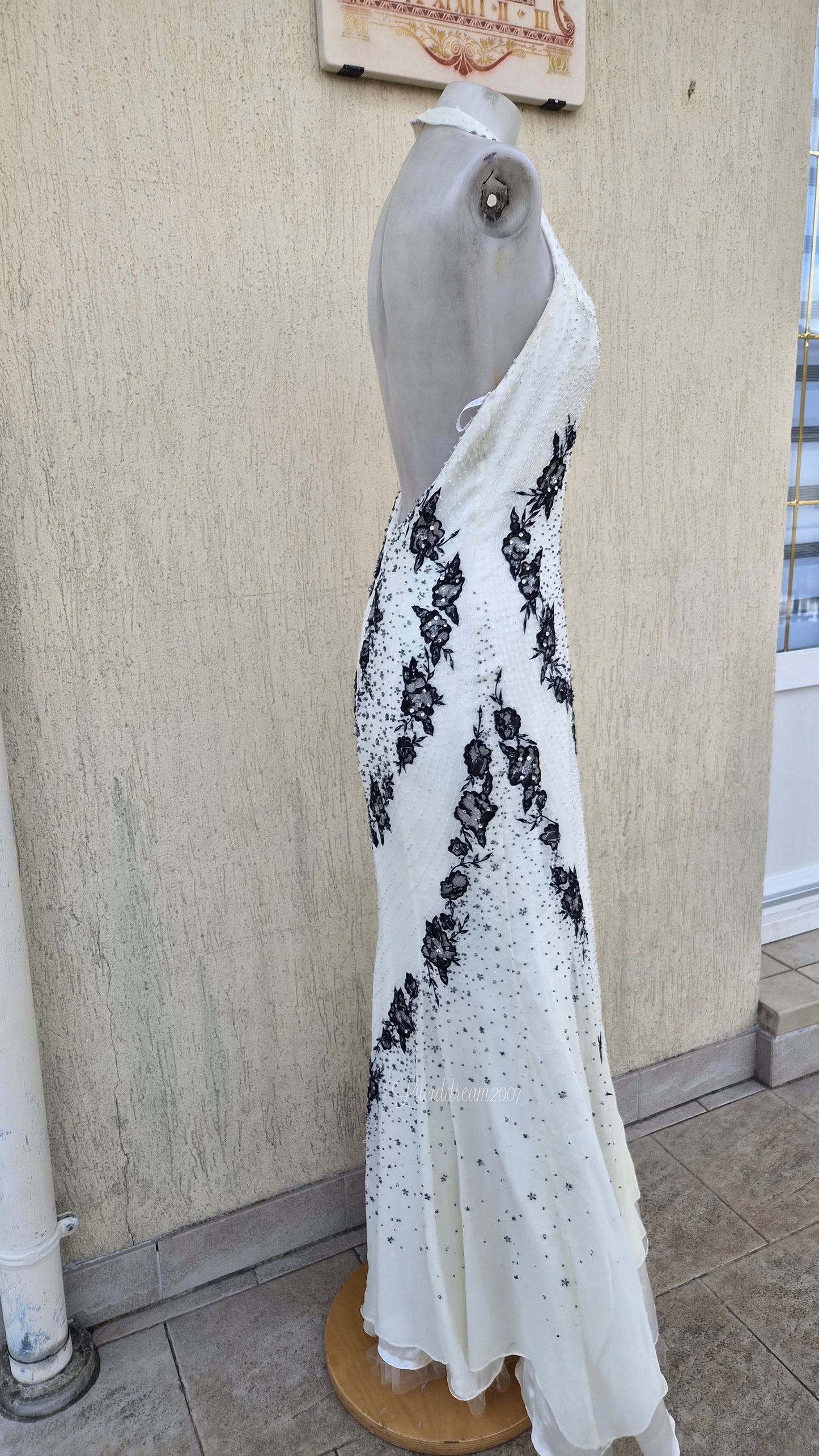 White and black embroidered silk dress