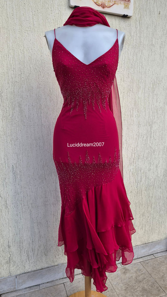 Red embroidered silk dress