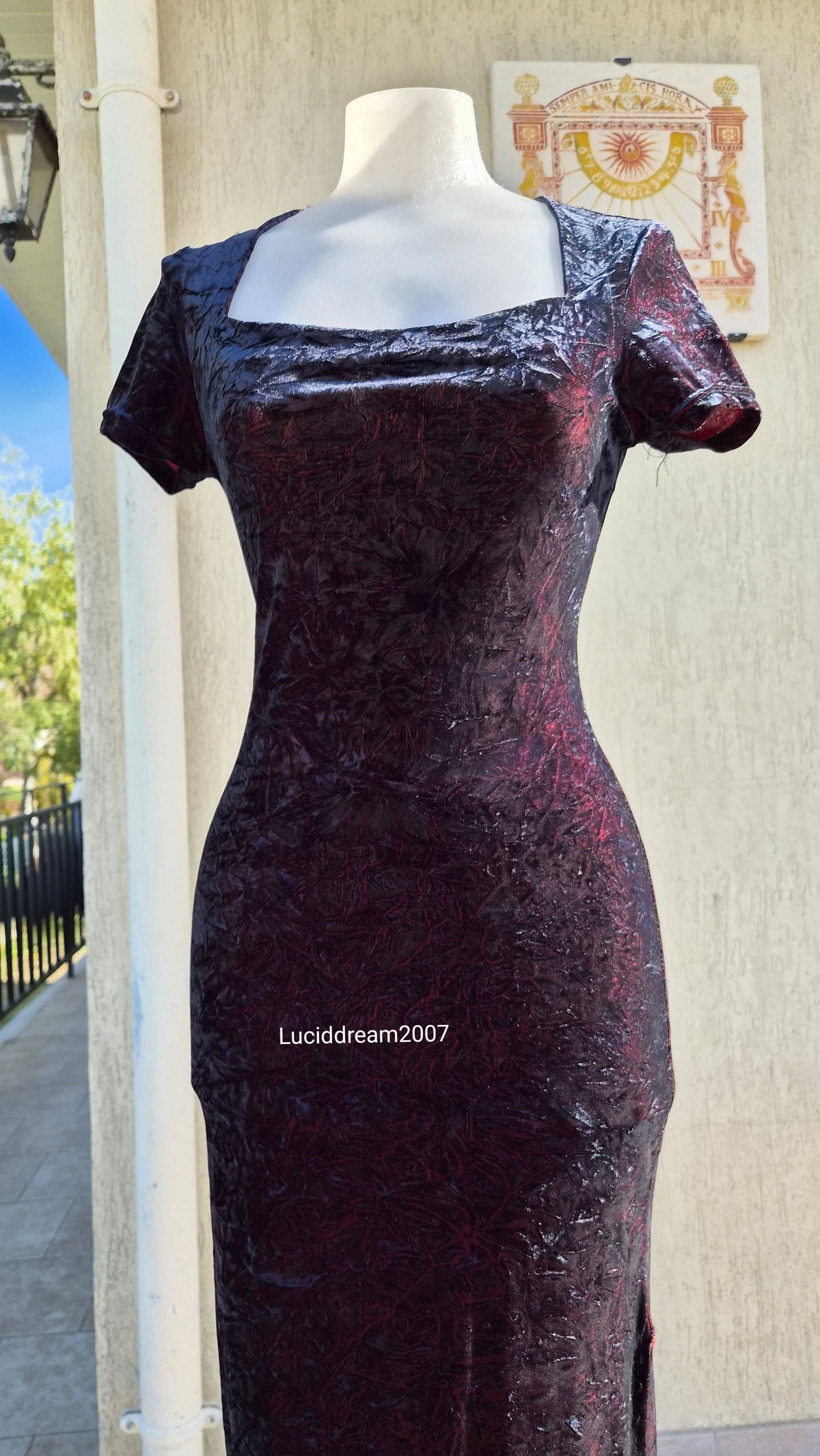 Black crushed velvet dress with burgundy highlights