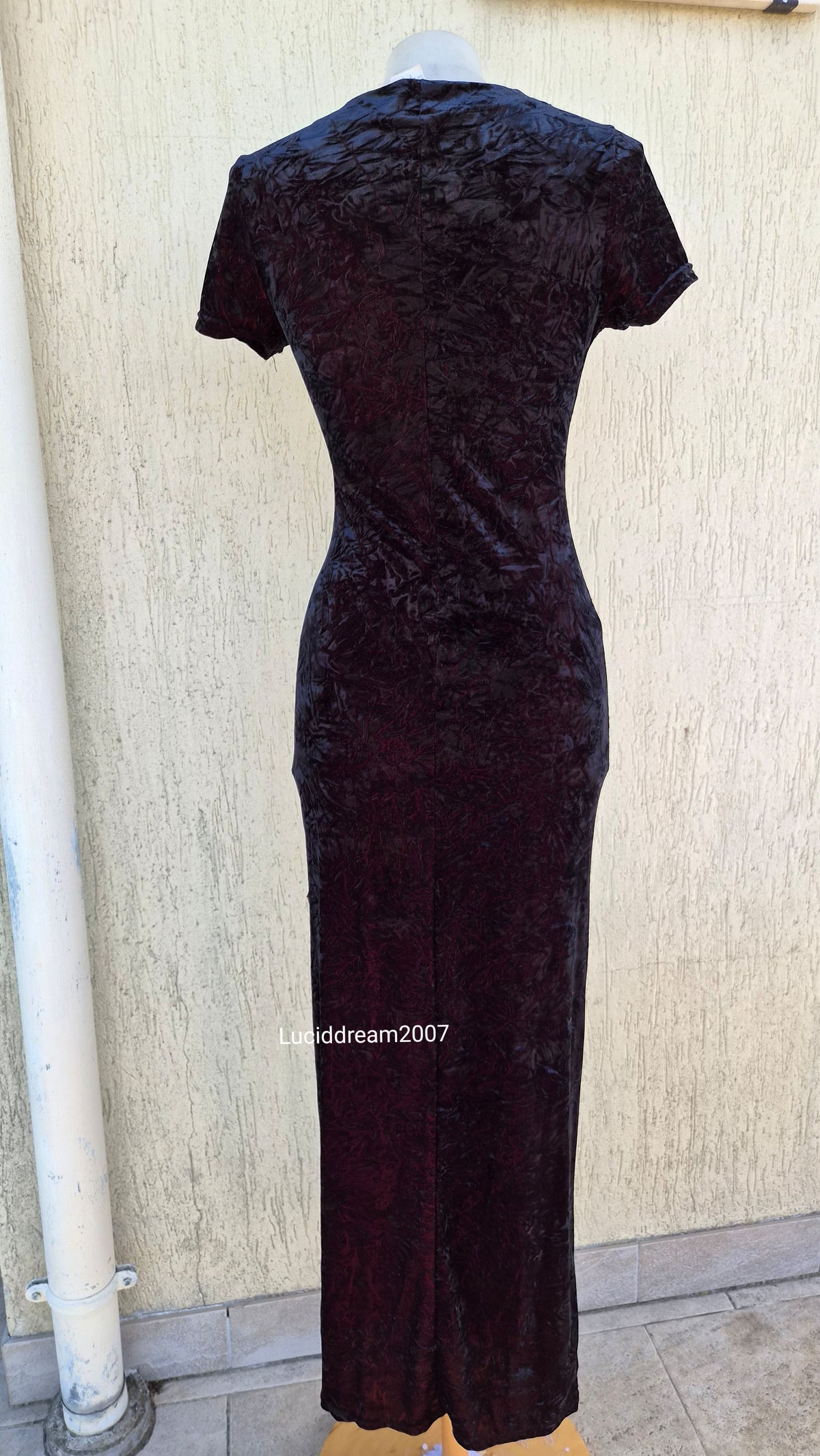 Black crushed velvet dress with burgundy highlights