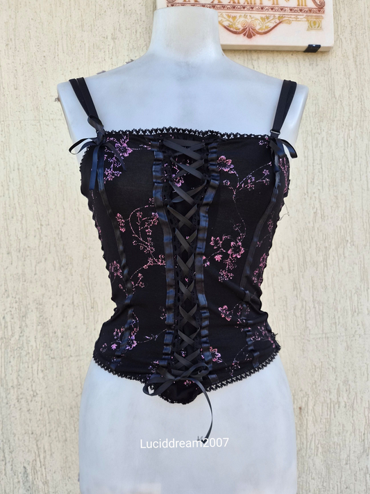 Haut esprit corset motif rose brillant