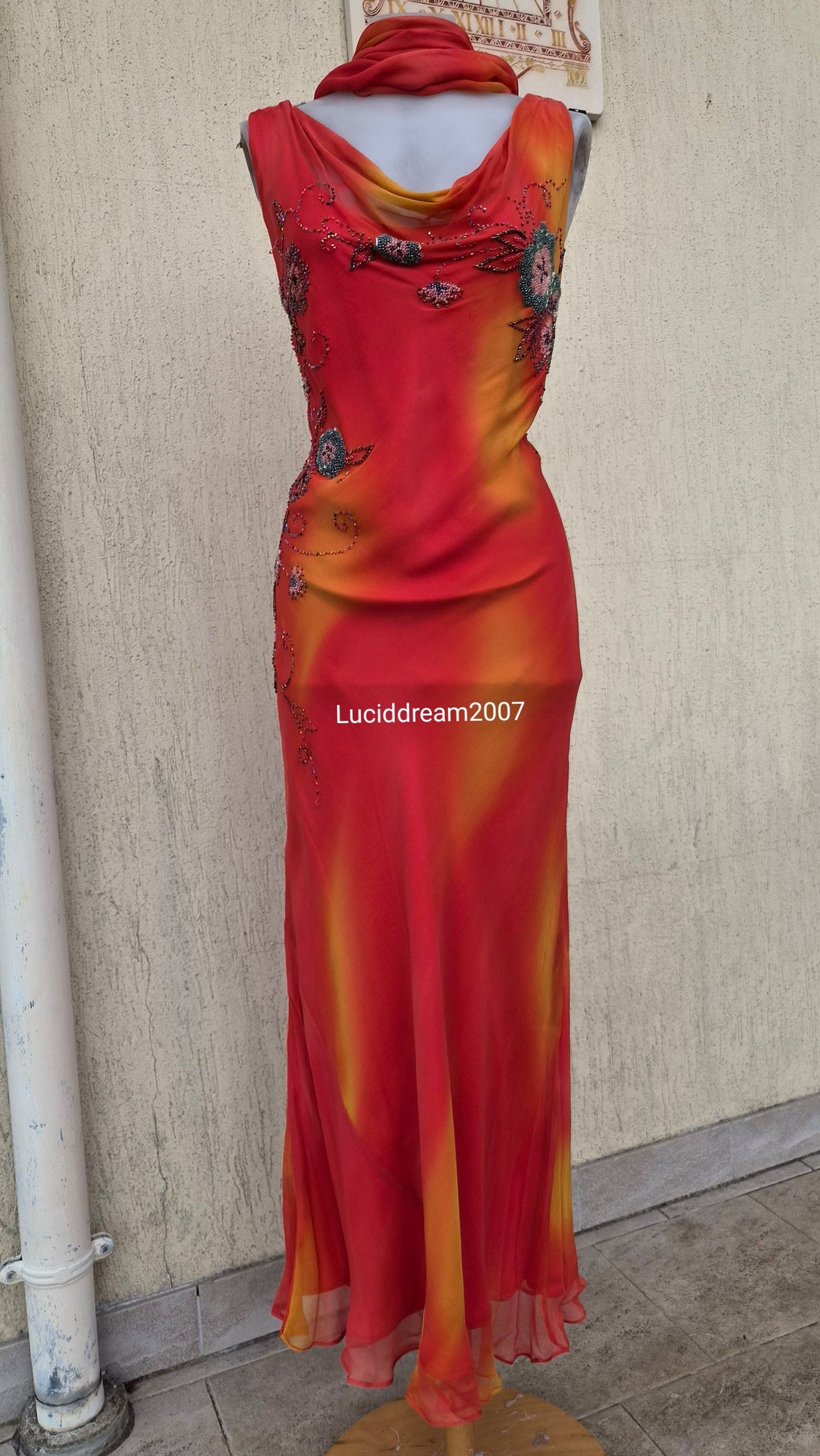 Embroidered orange silk dress
