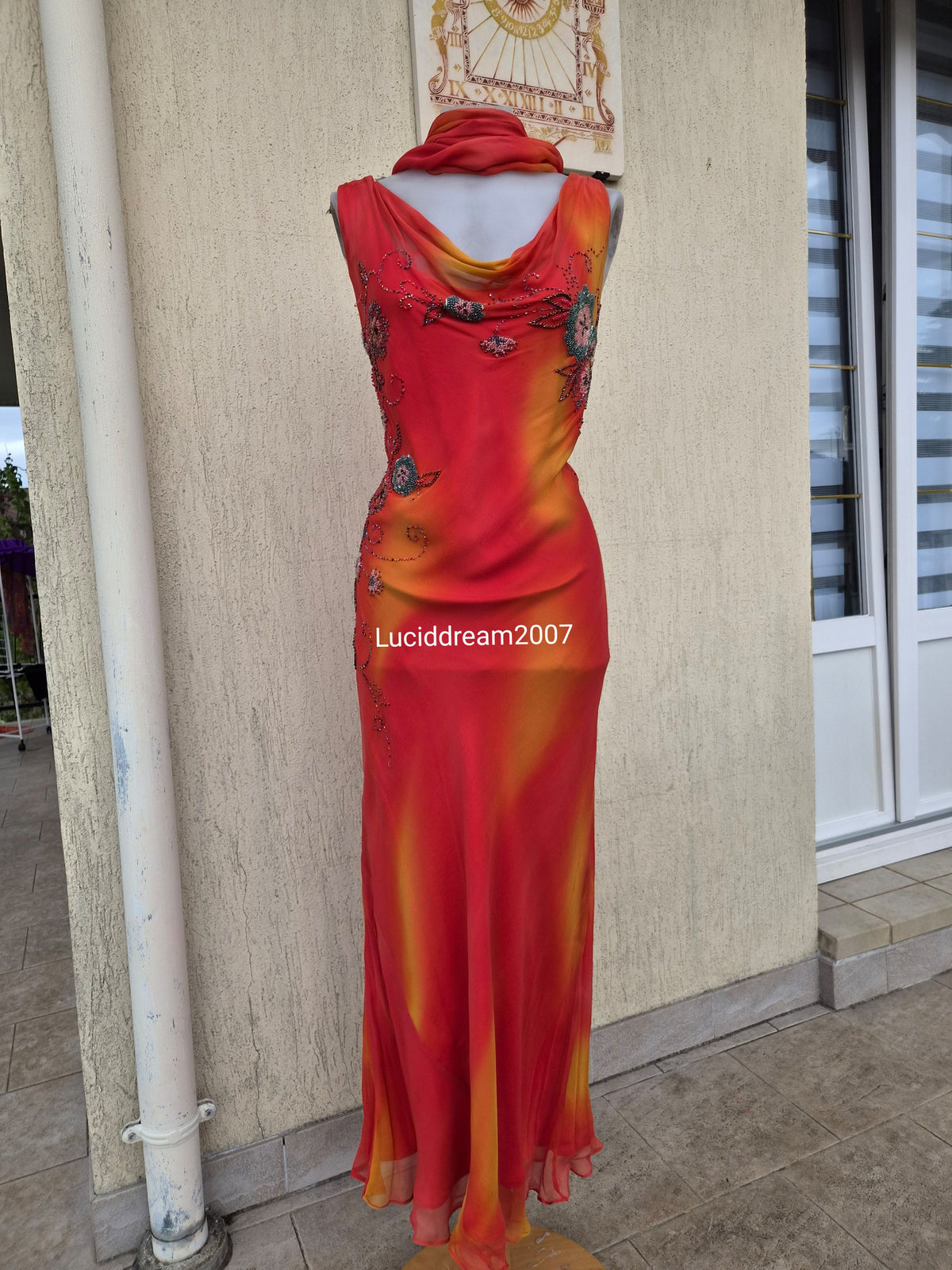Embroidered orange silk dress