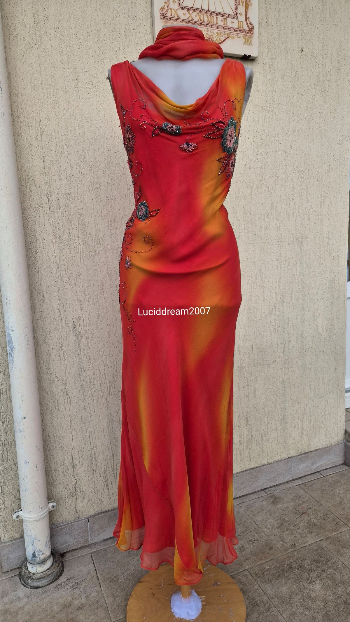 Embroidered orange silk dress