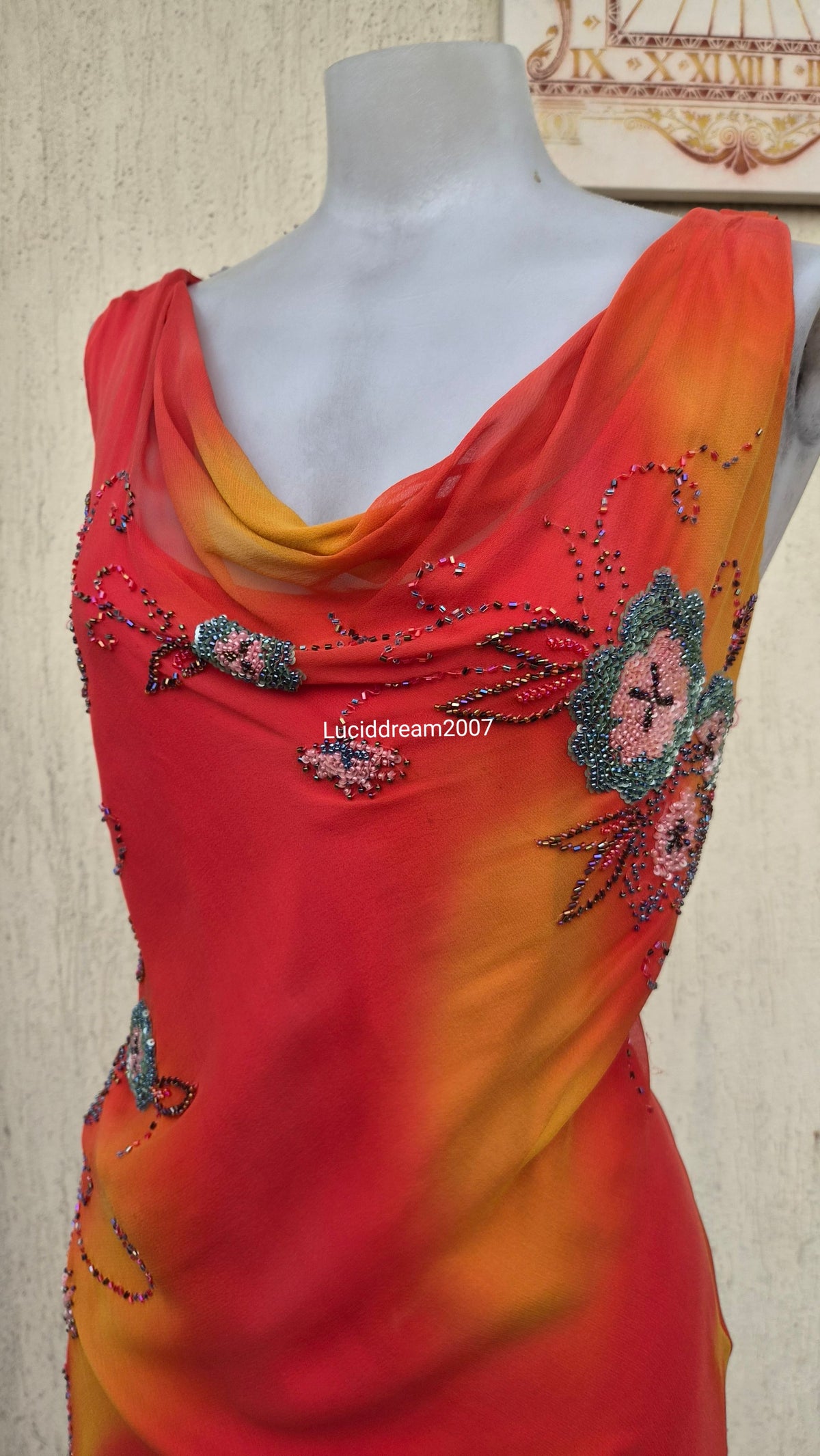 Embroidered orange silk dress