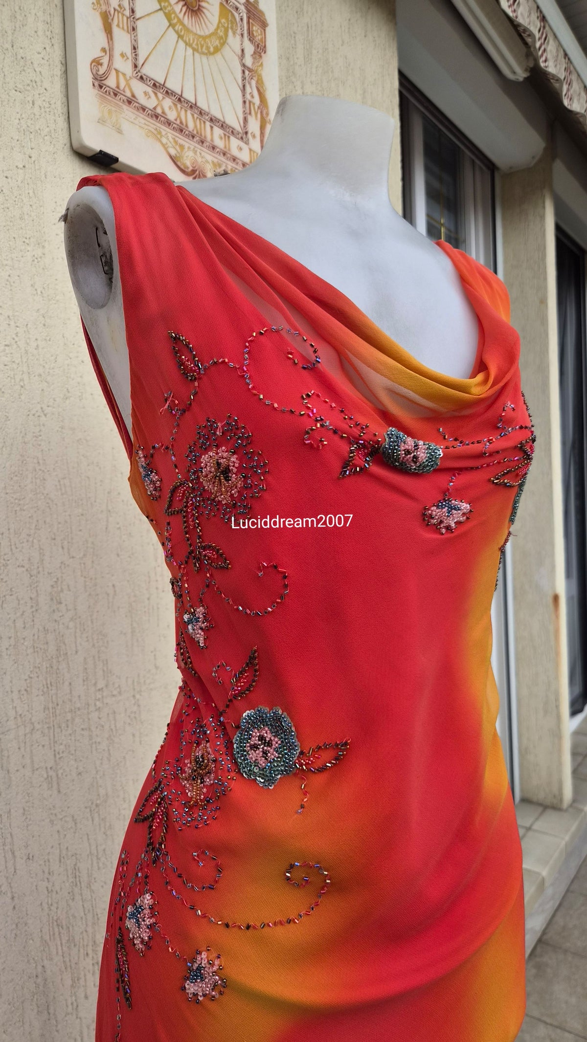 Embroidered orange silk dress