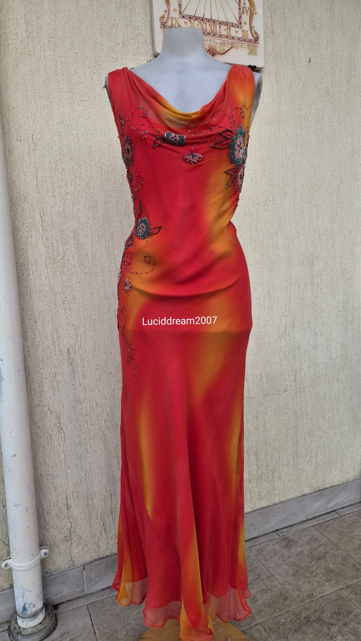 Embroidered orange silk dress
