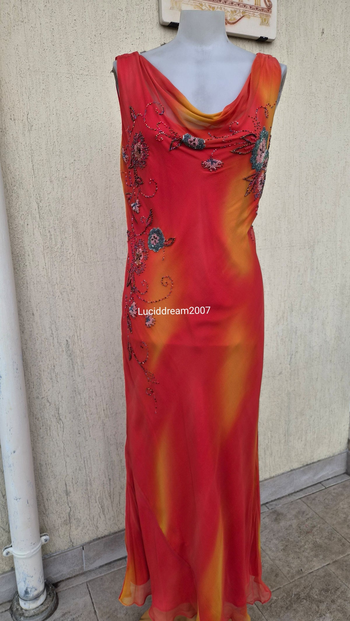 Embroidered orange silk dress