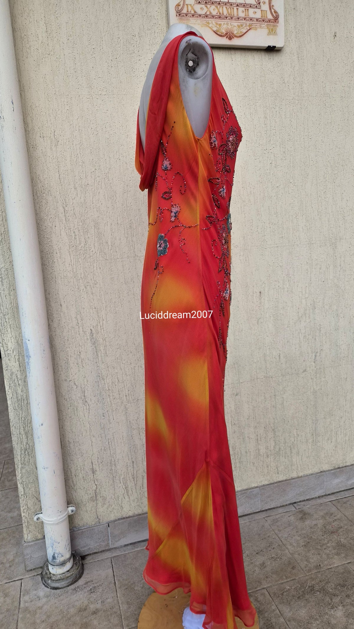 Embroidered orange silk dress