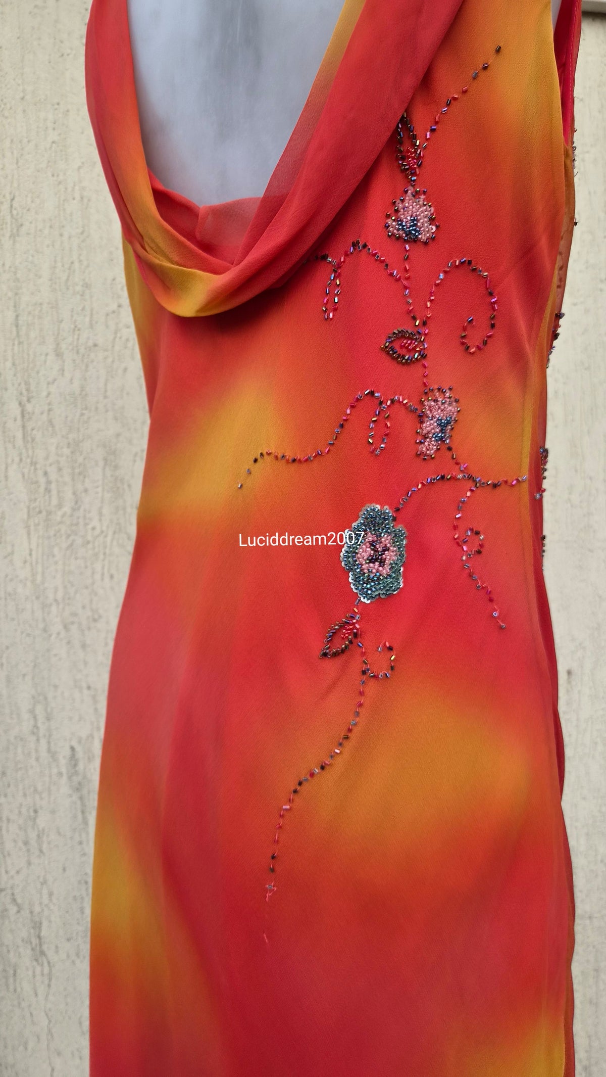 Embroidered orange silk dress