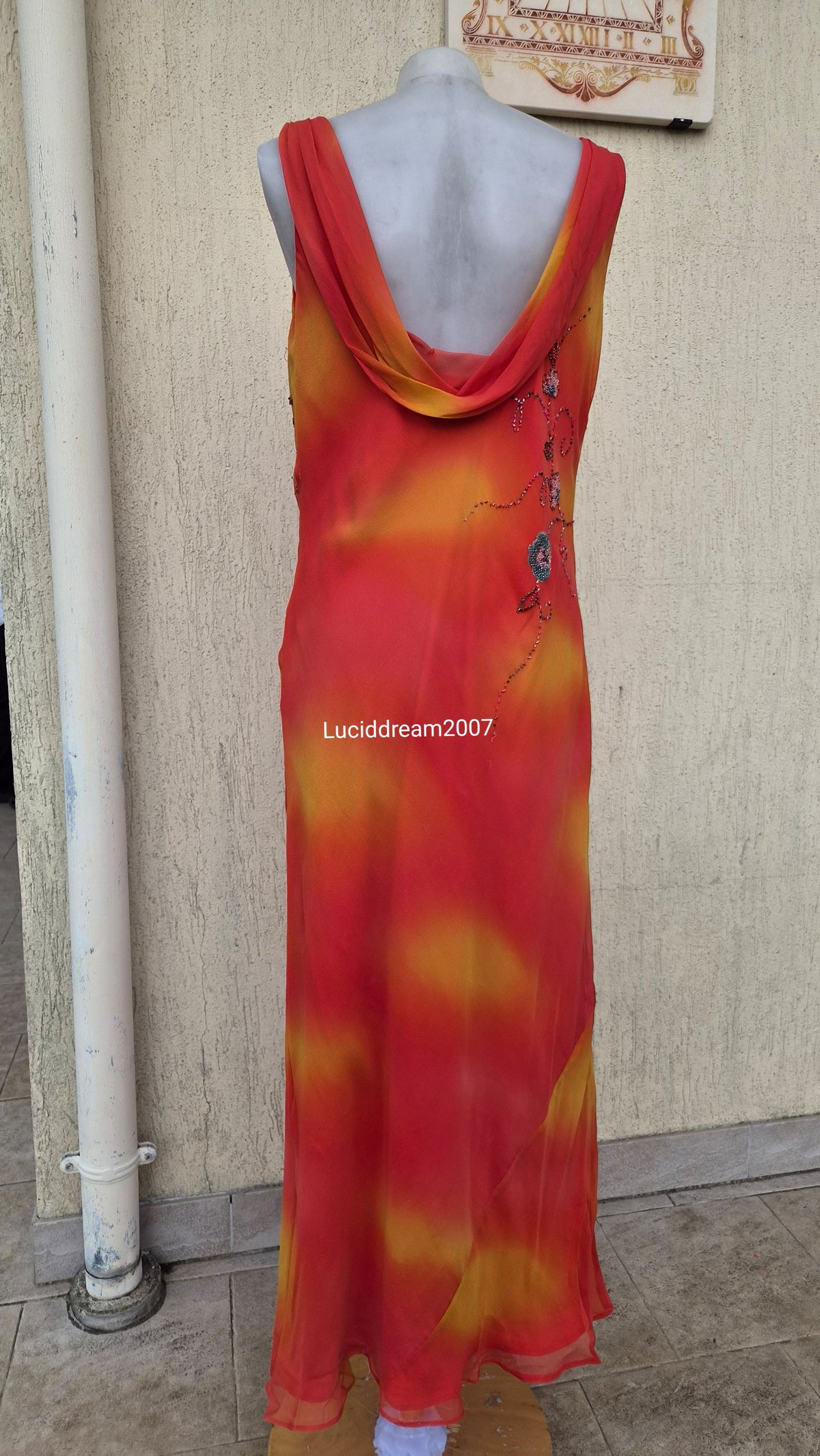 Embroidered orange silk dress