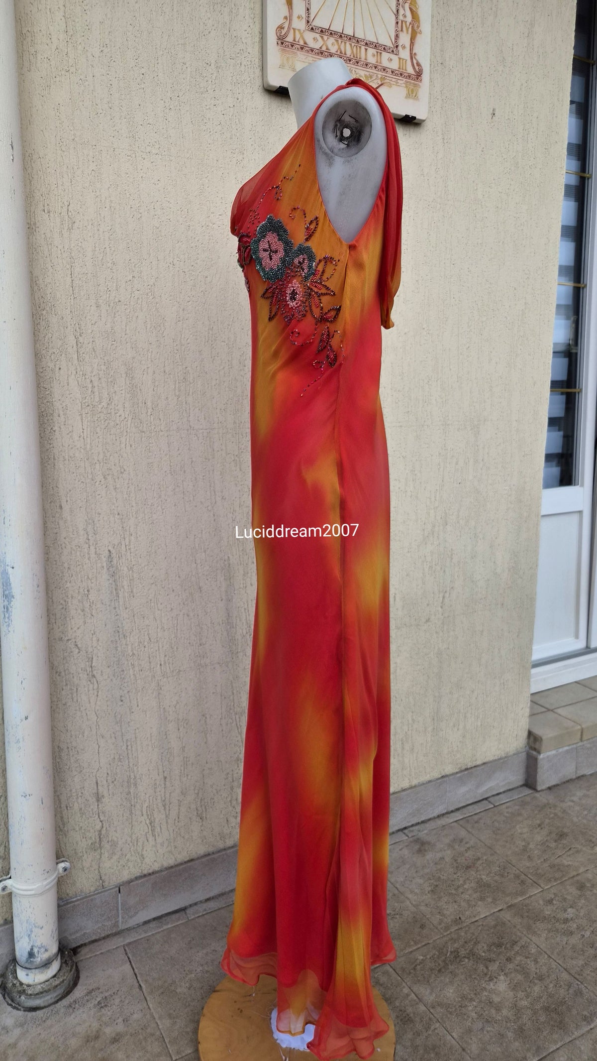 Embroidered orange silk dress
