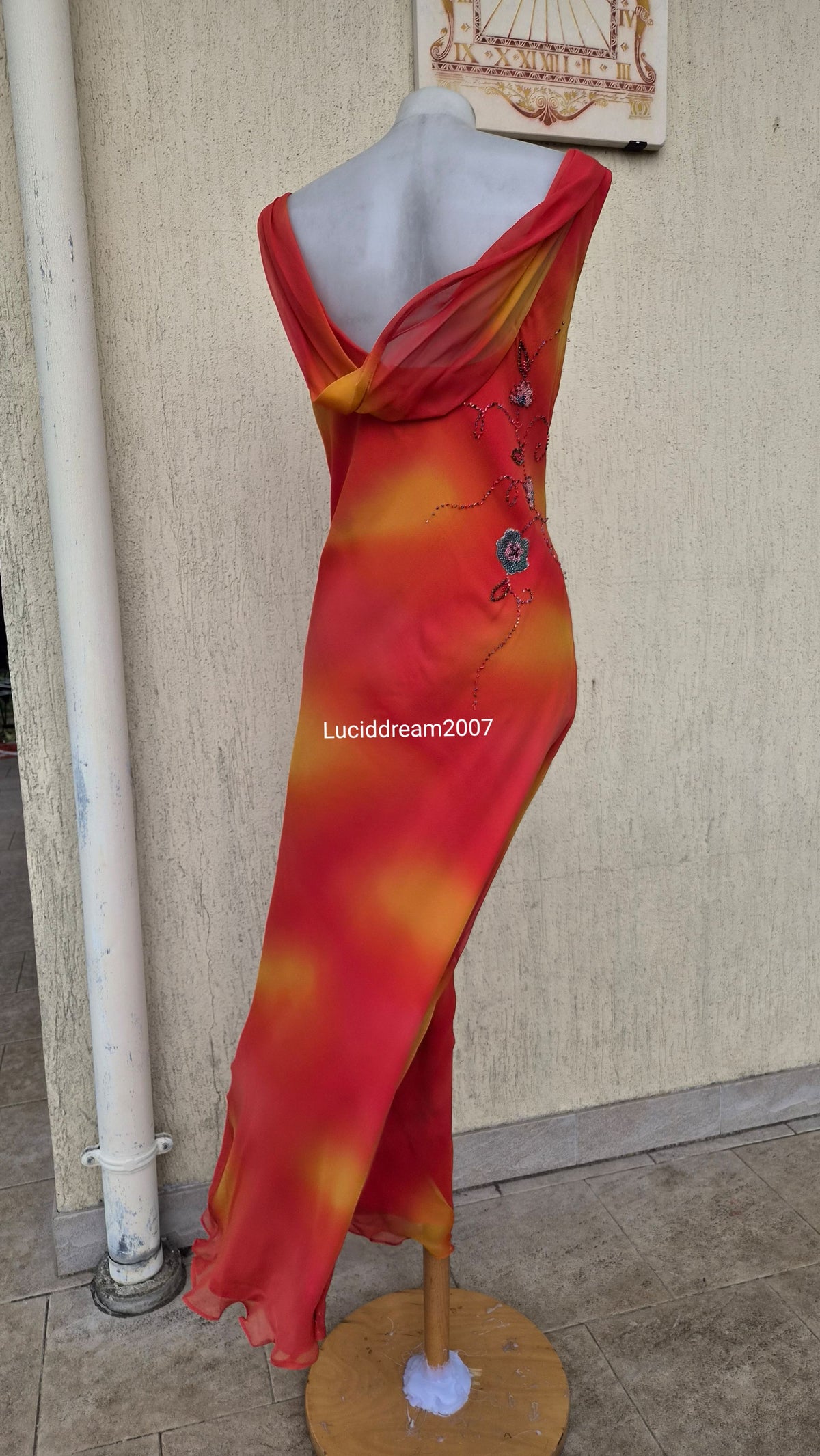 Embroidered orange silk dress