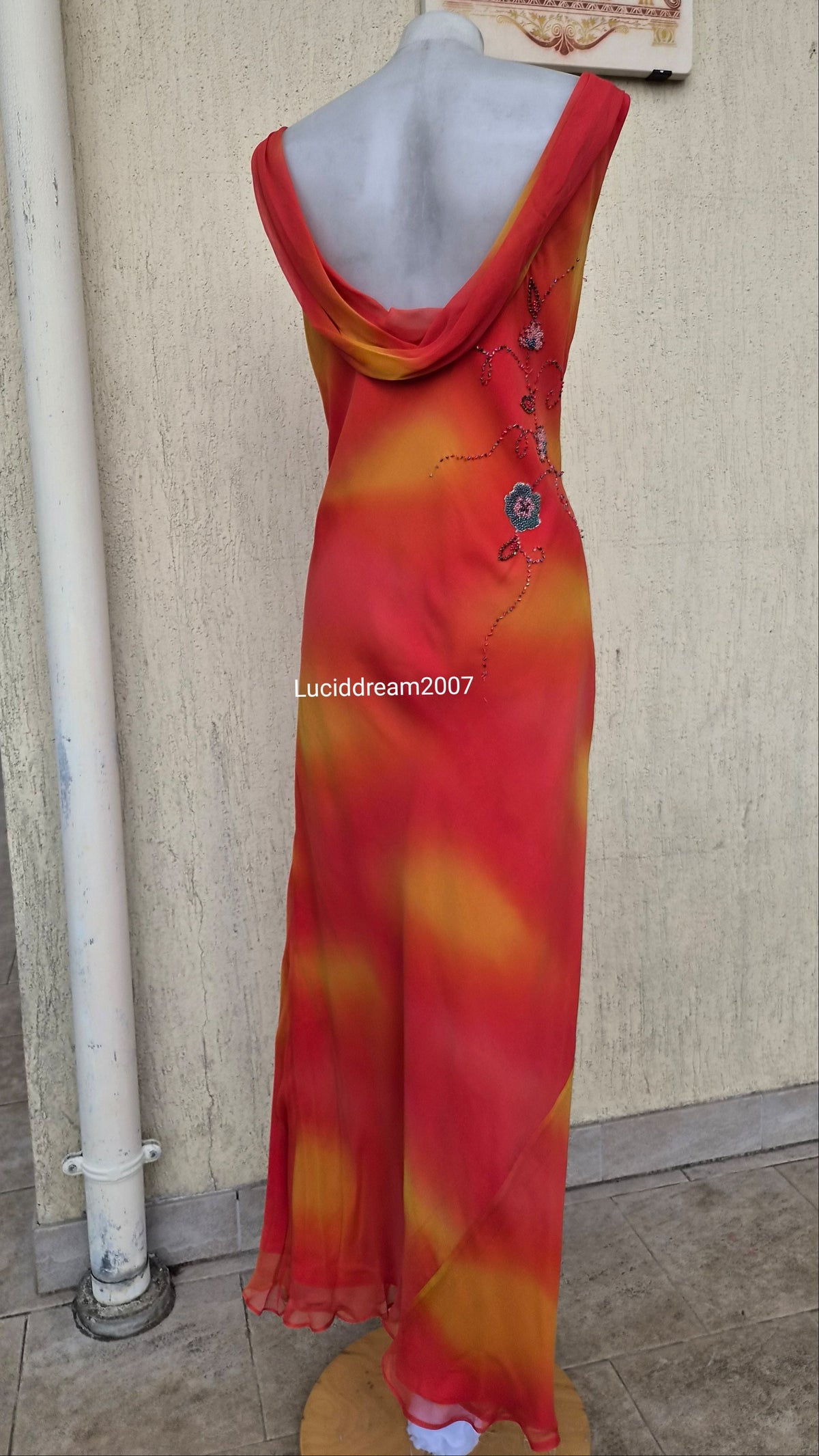 Embroidered orange silk dress