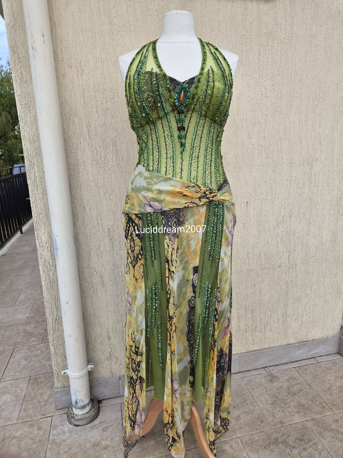 Embroidered silk green dress