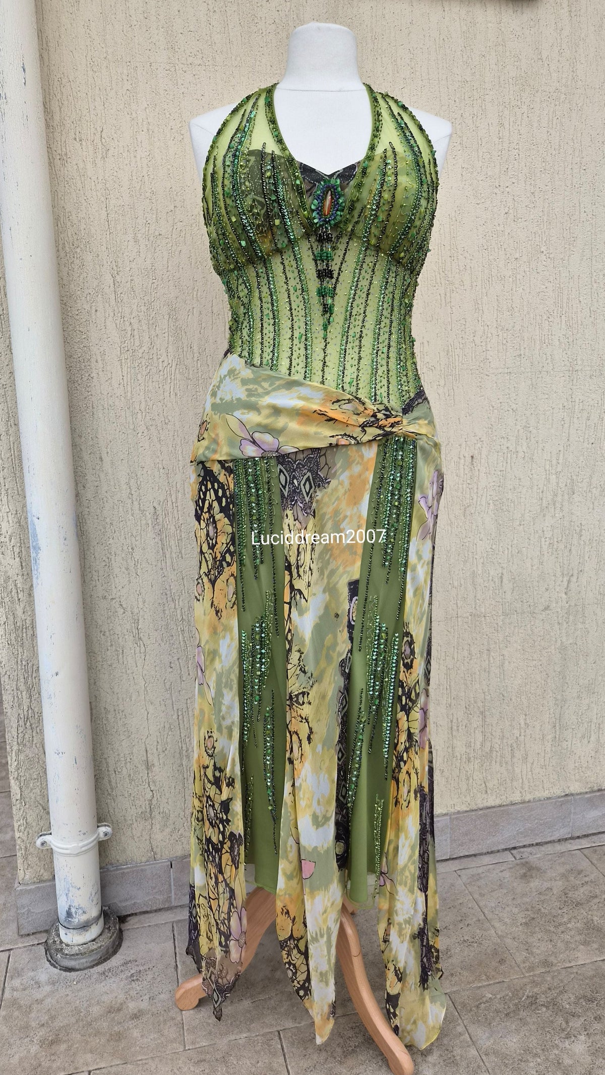 Embroidered silk green dress