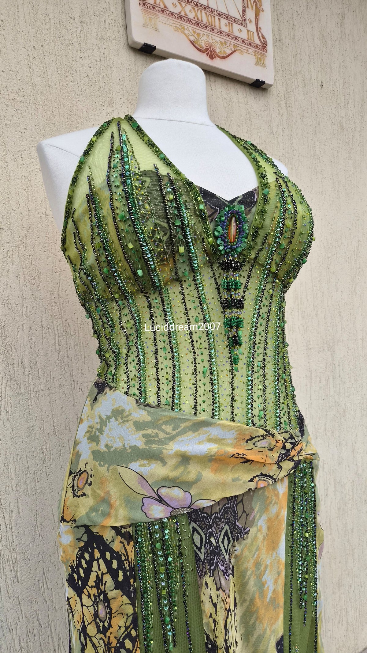 Embroidered silk green dress