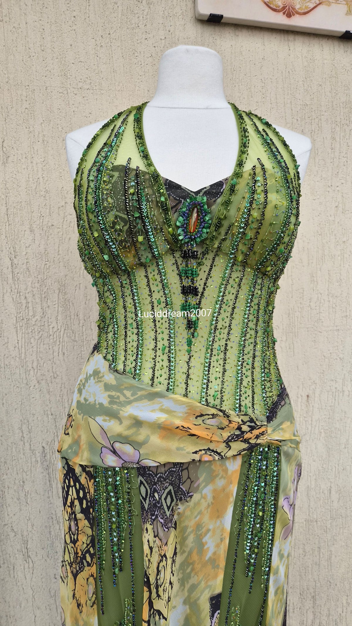 Embroidered silk green dress