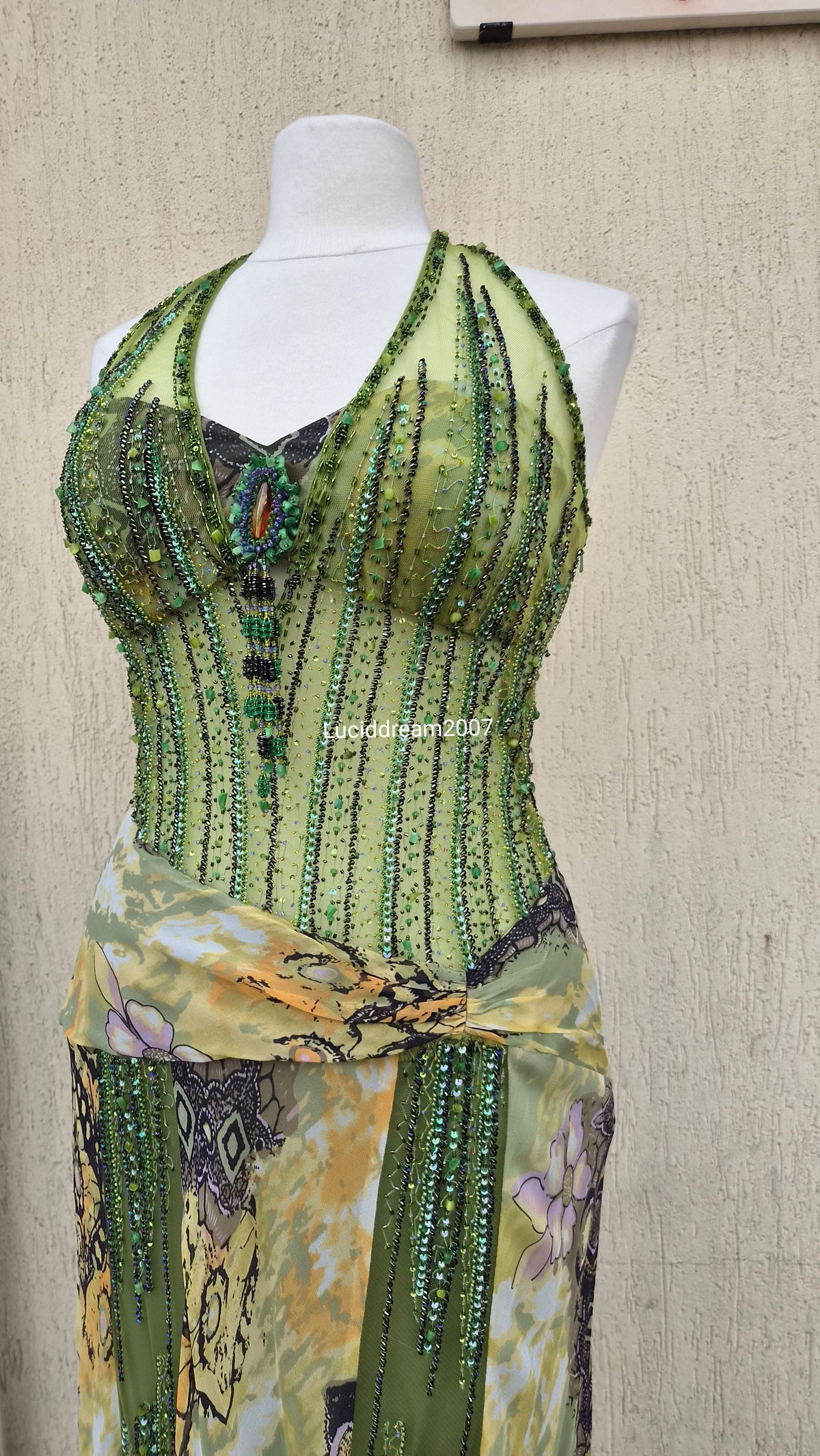 Embroidered silk green dress