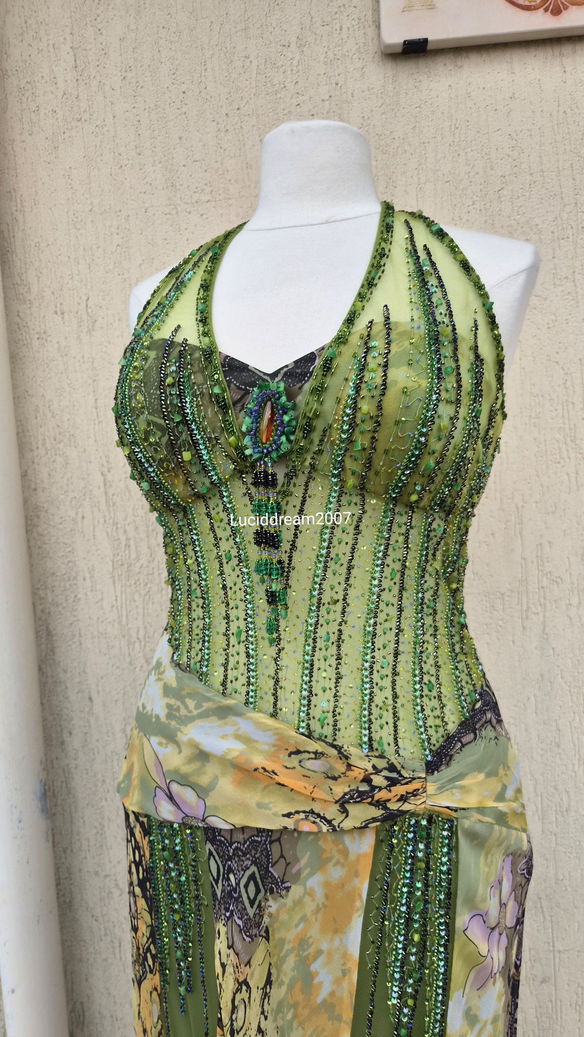 Embroidered silk green dress