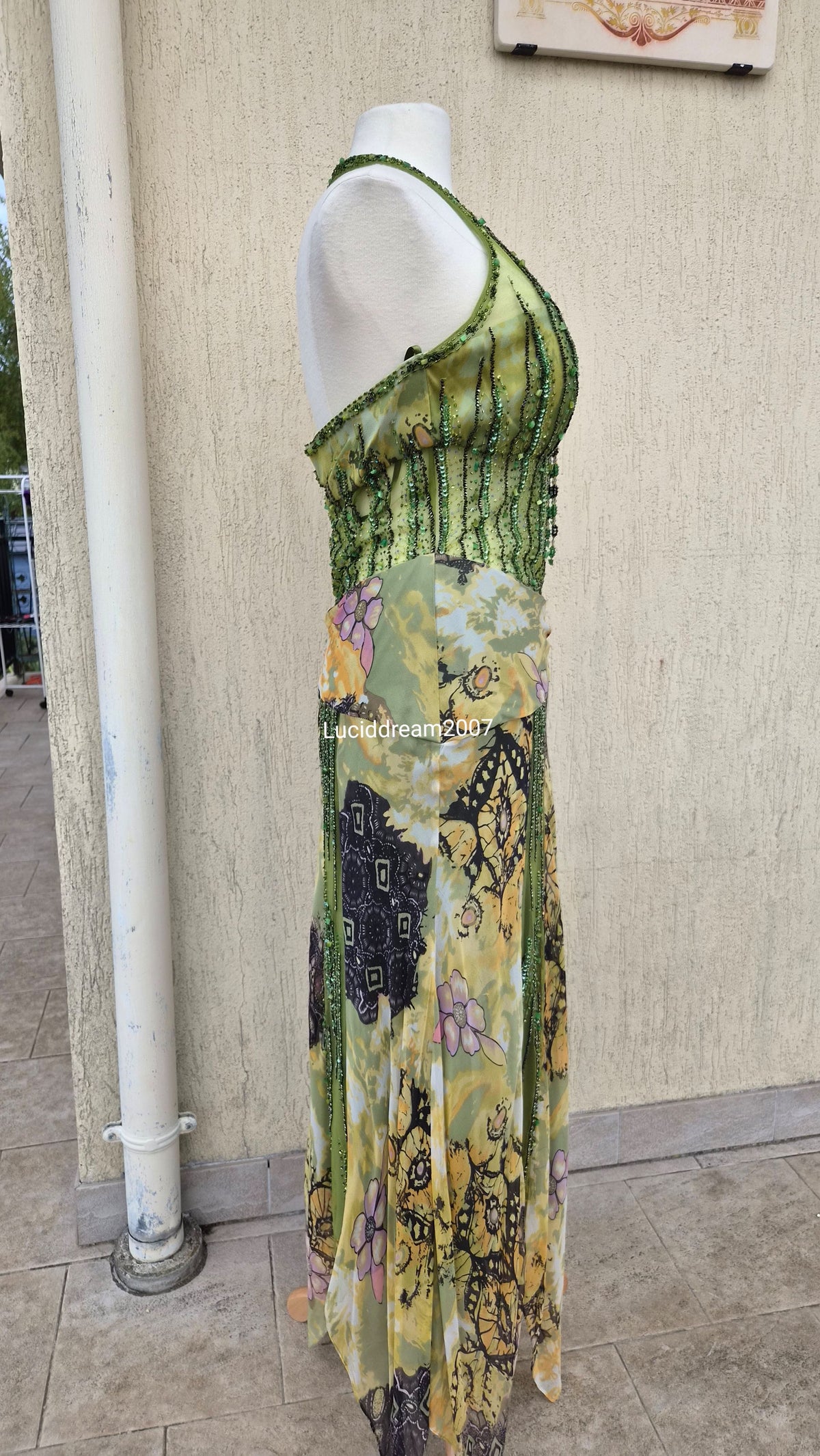 Embroidered silk green dress