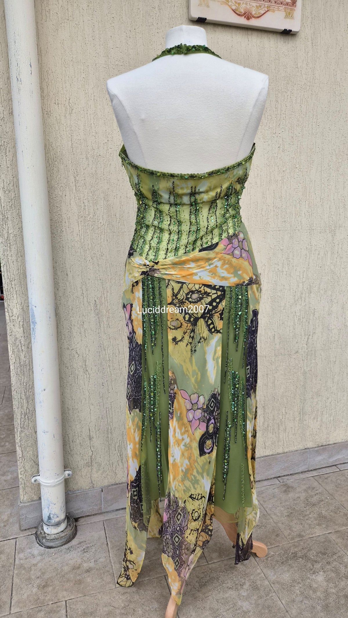 Embroidered silk green dress