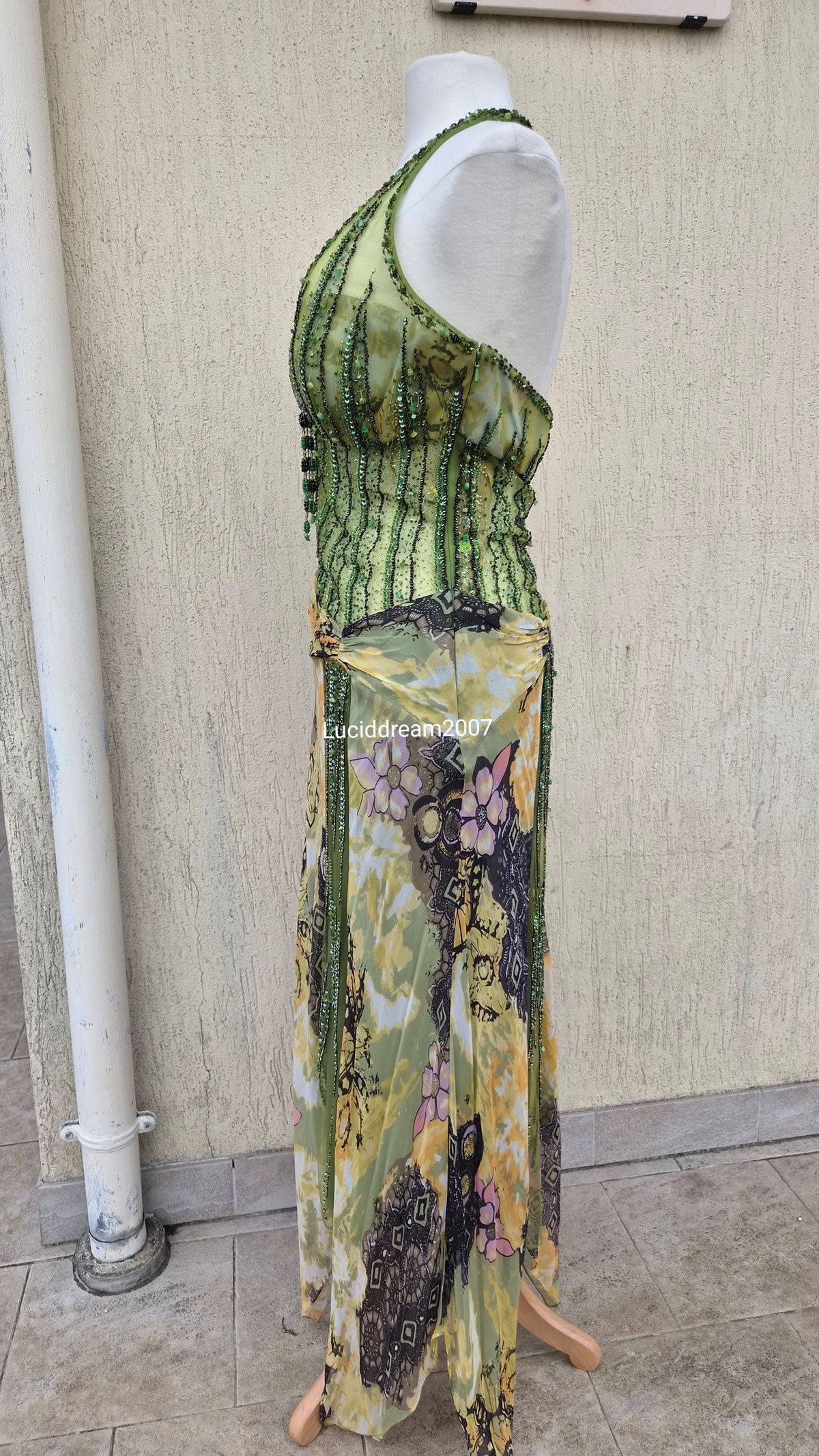 Embroidered silk green dress