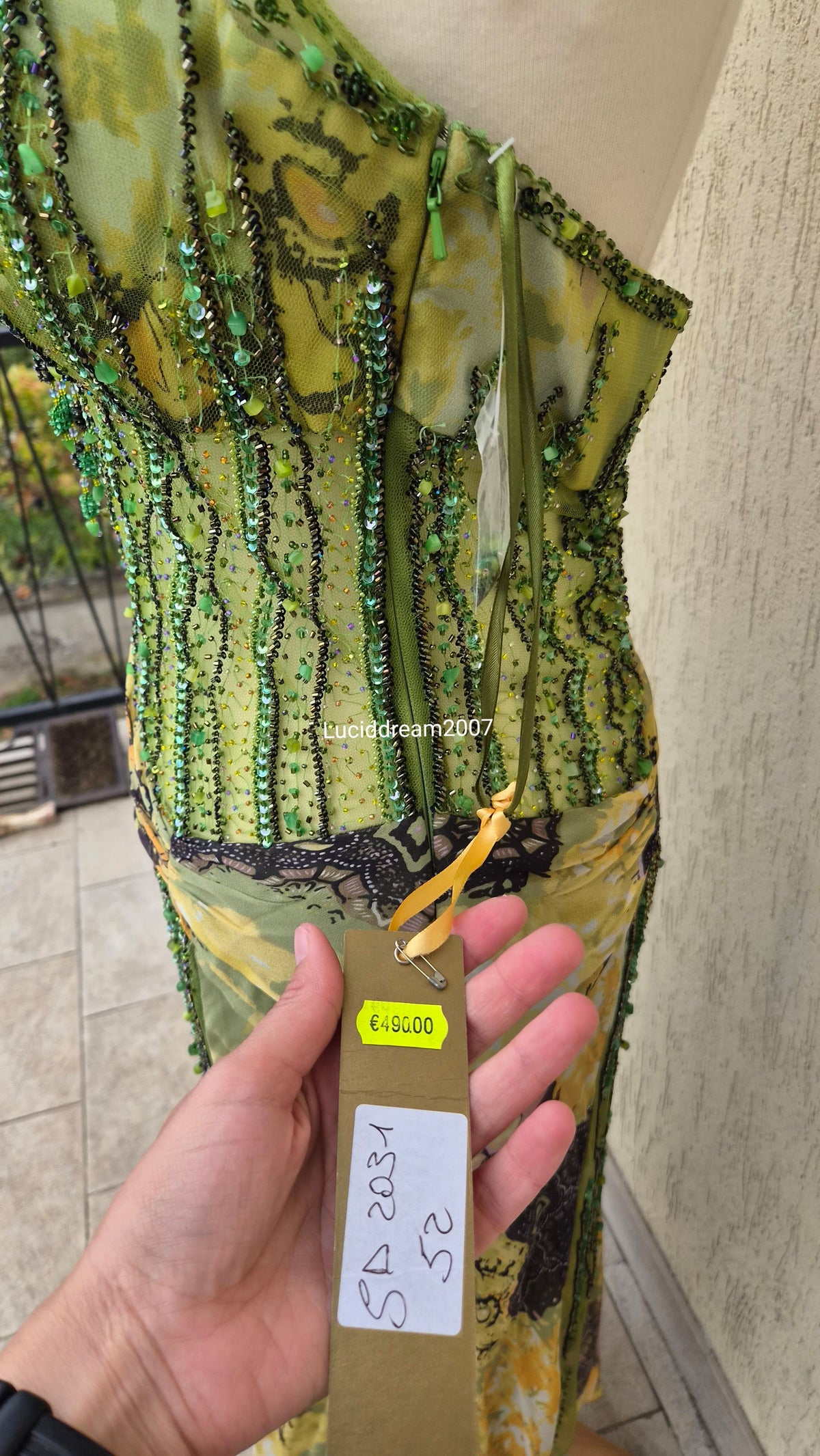Embroidered silk green dress