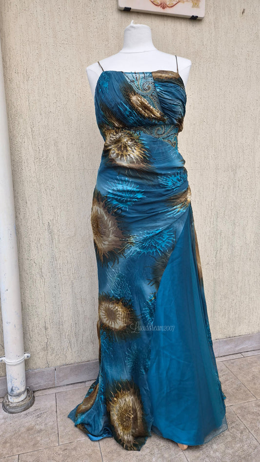 Robe vintage de soirée en soie tons bleu, marron et doré. Avec découpe en voile brodé de perles. Plus size prom dress fairycore sorti d'une reverie.