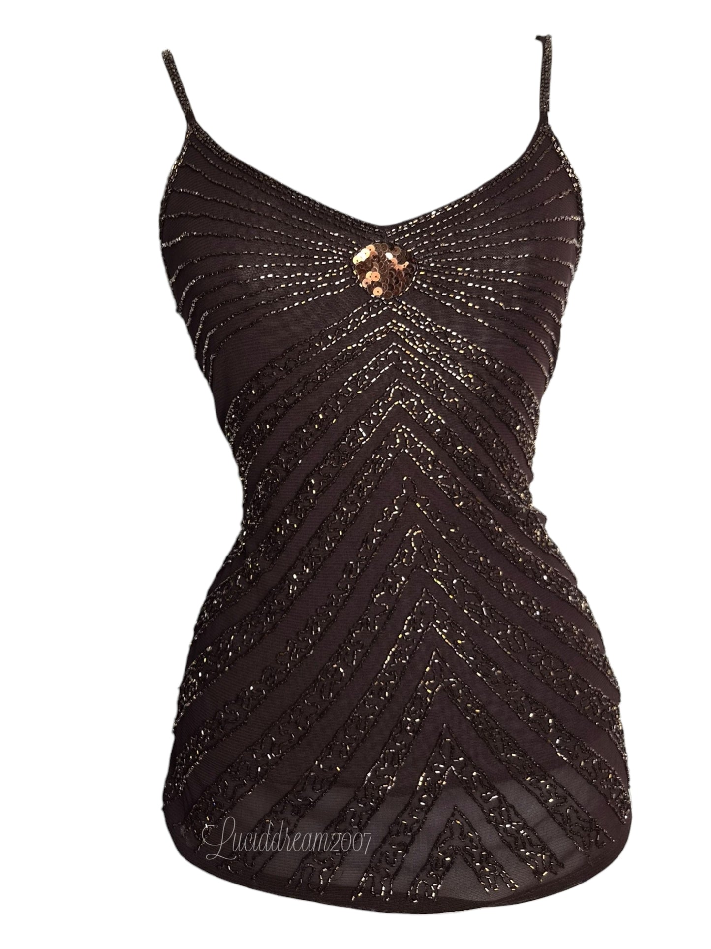 Débardeur vintage Y2K en tulle marron avec des broderies de perles bronze complexes en motif chevron et détails de sequins. Élégant style bohème. Top vintage sorti d'une reverie fairycore