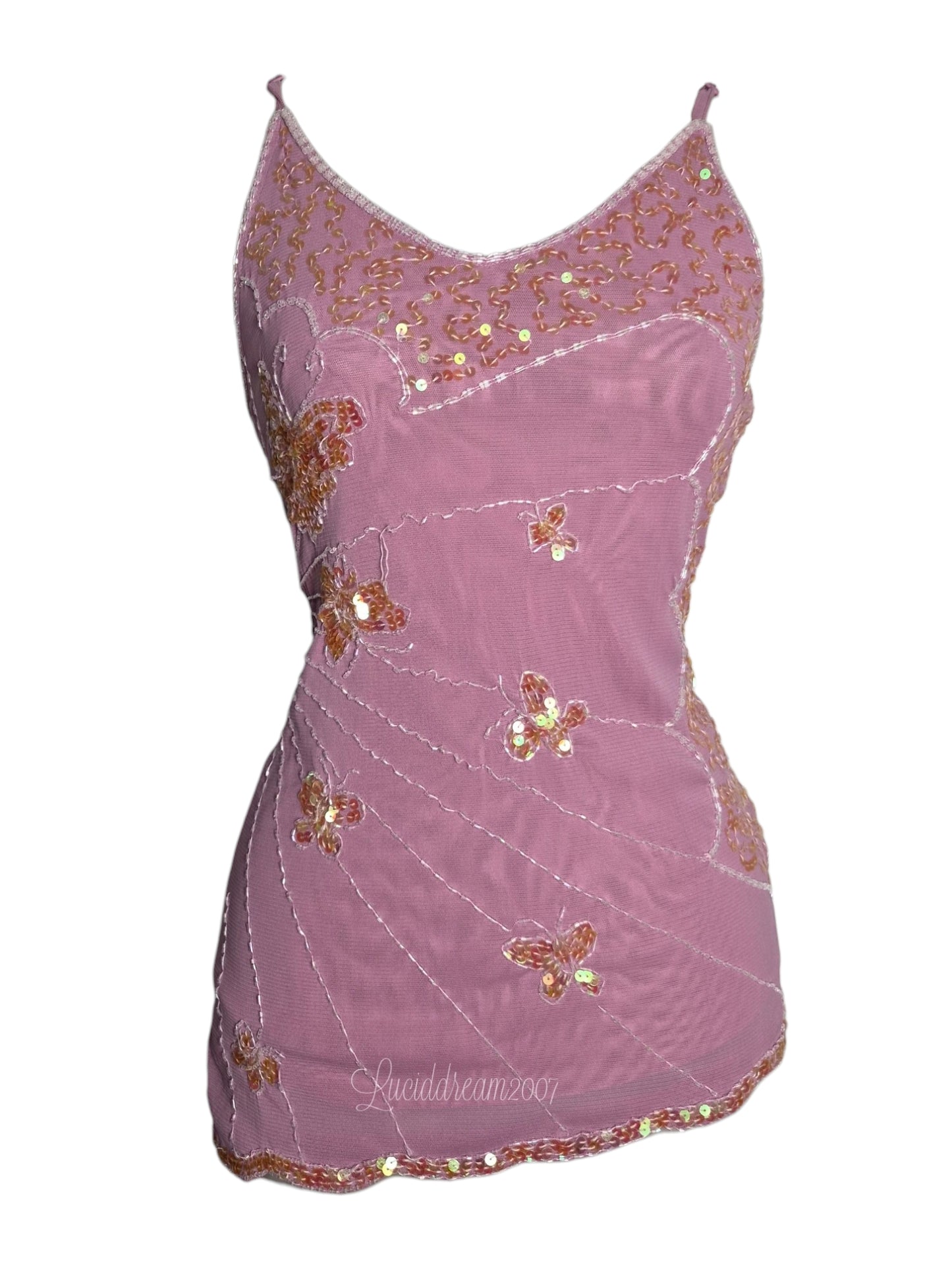 Haut en voile brodé rose motifs papillons