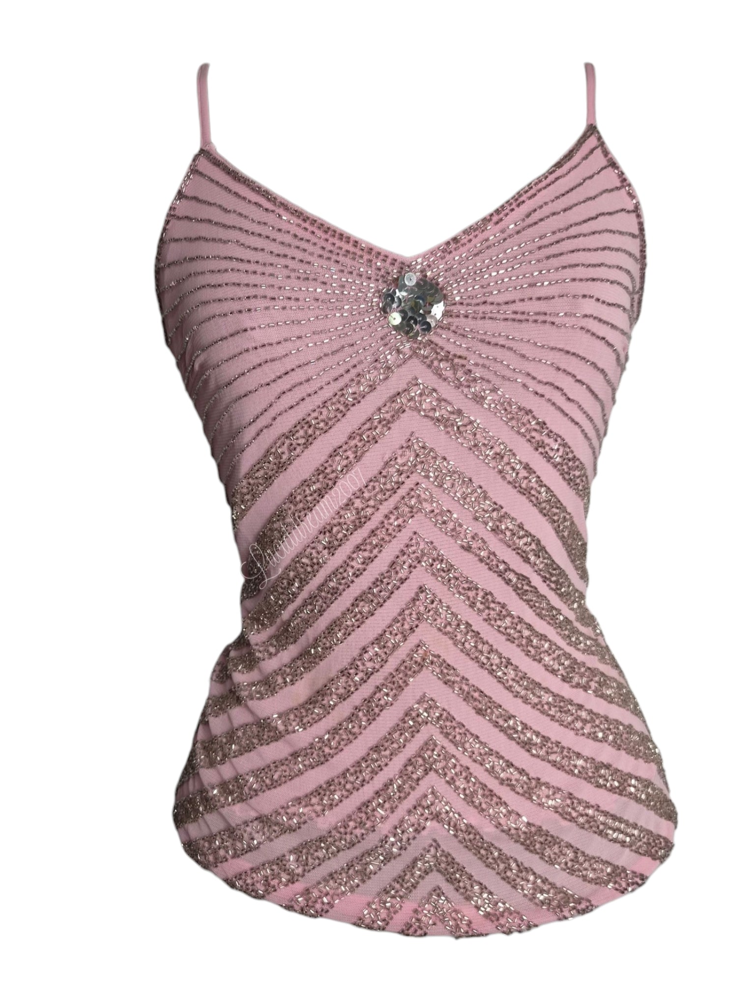 Débardeur vintage Y2K en tulle marron avec des broderies de perles bronze complexes en motif chevron et détails de sequins. Élégant style bohème. Top vintage sorti d'une reverie fairycore