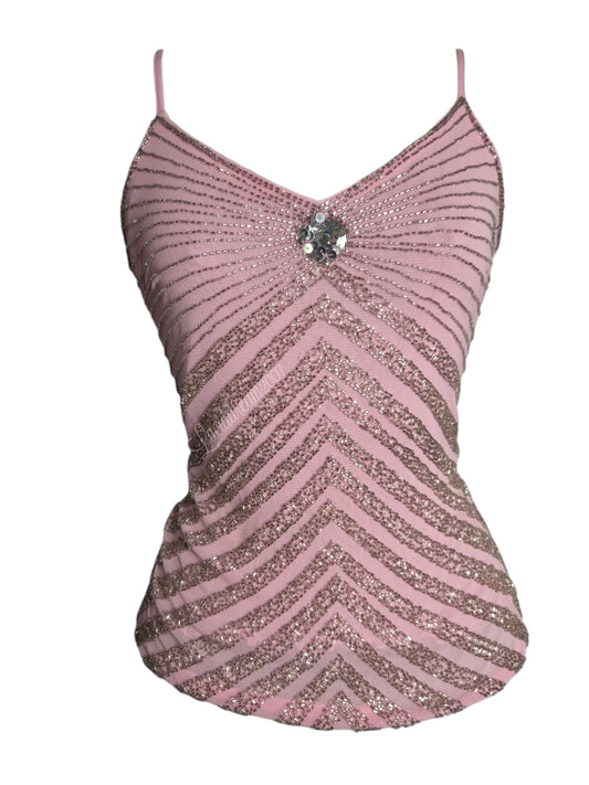 Débardeur vintage Y2K en tulle marron avec des broderies de perles bronze complexes en motif chevron et détails de sequins. Élégant style bohème. Top vintage sorti d'une reverie fairycore
