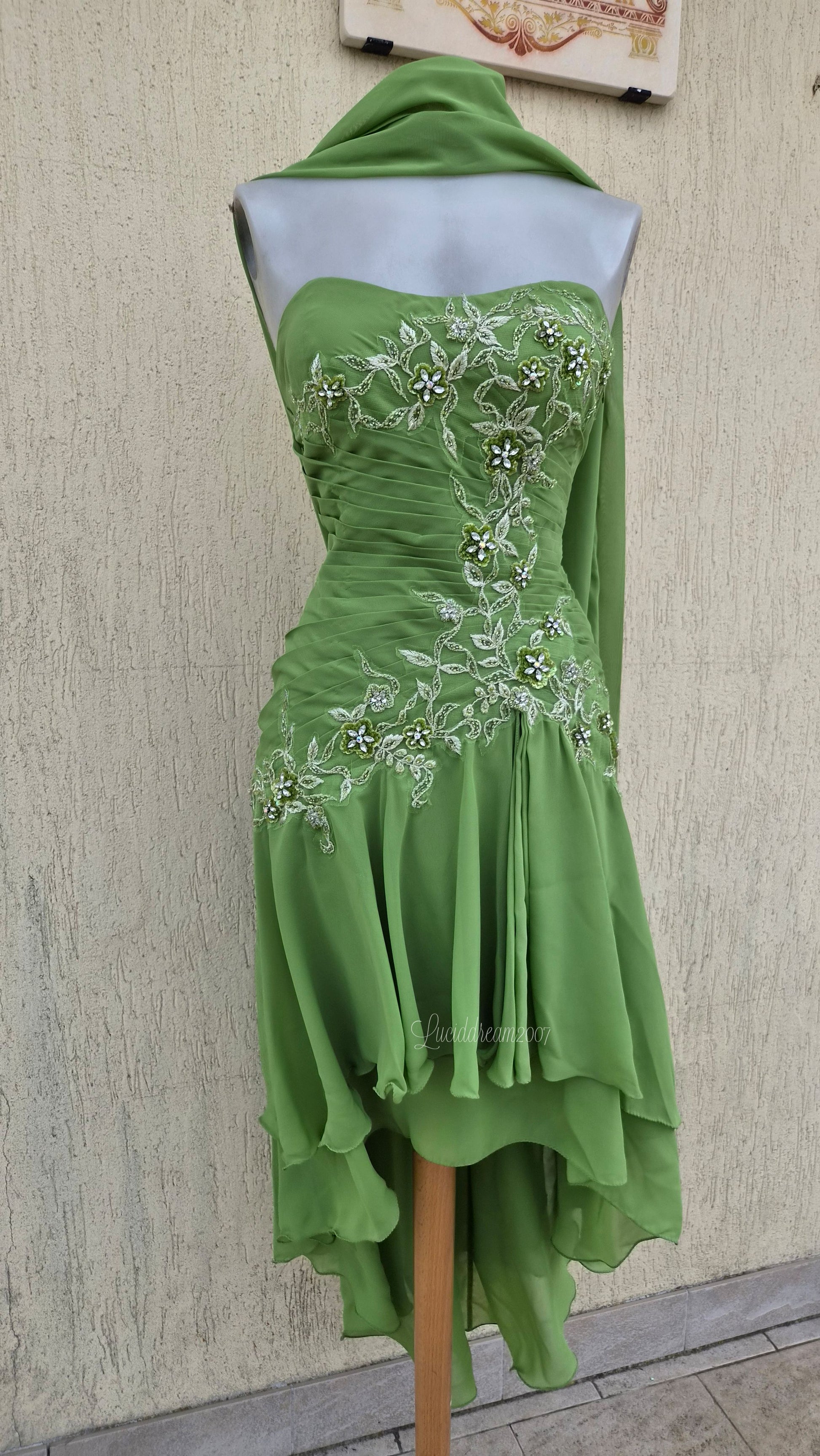 Robe vintage bustier verte drapée avec broderies florales détaillées, rehaussées de perles et de sequins scintillants. Prom dress fairycore sortie d'une reverie.