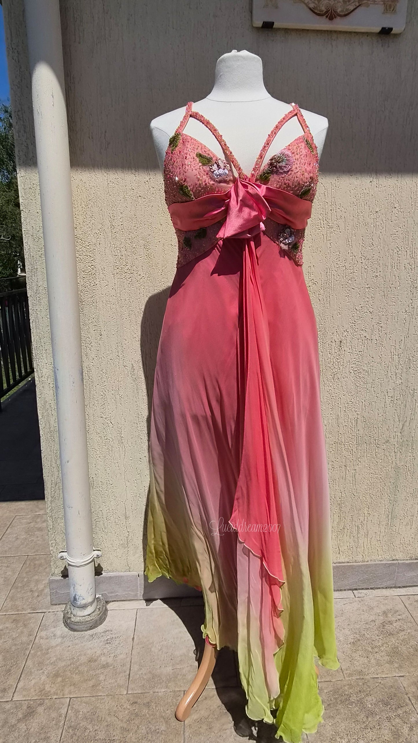 Robe en soie dégradée rose et vert