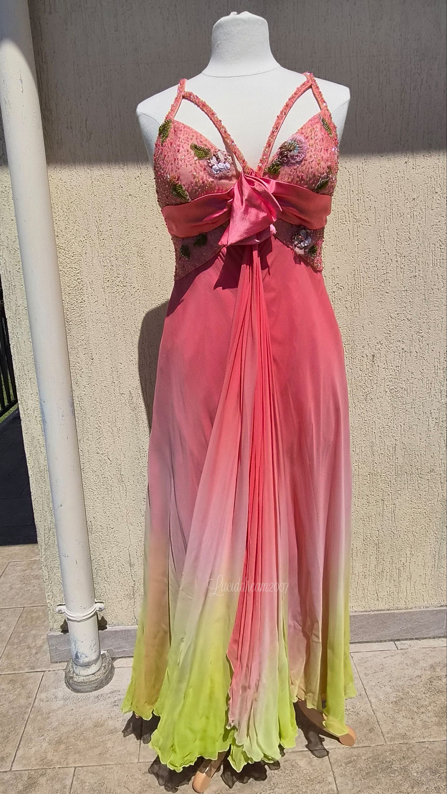 Robe en soie dégradée rose et vert