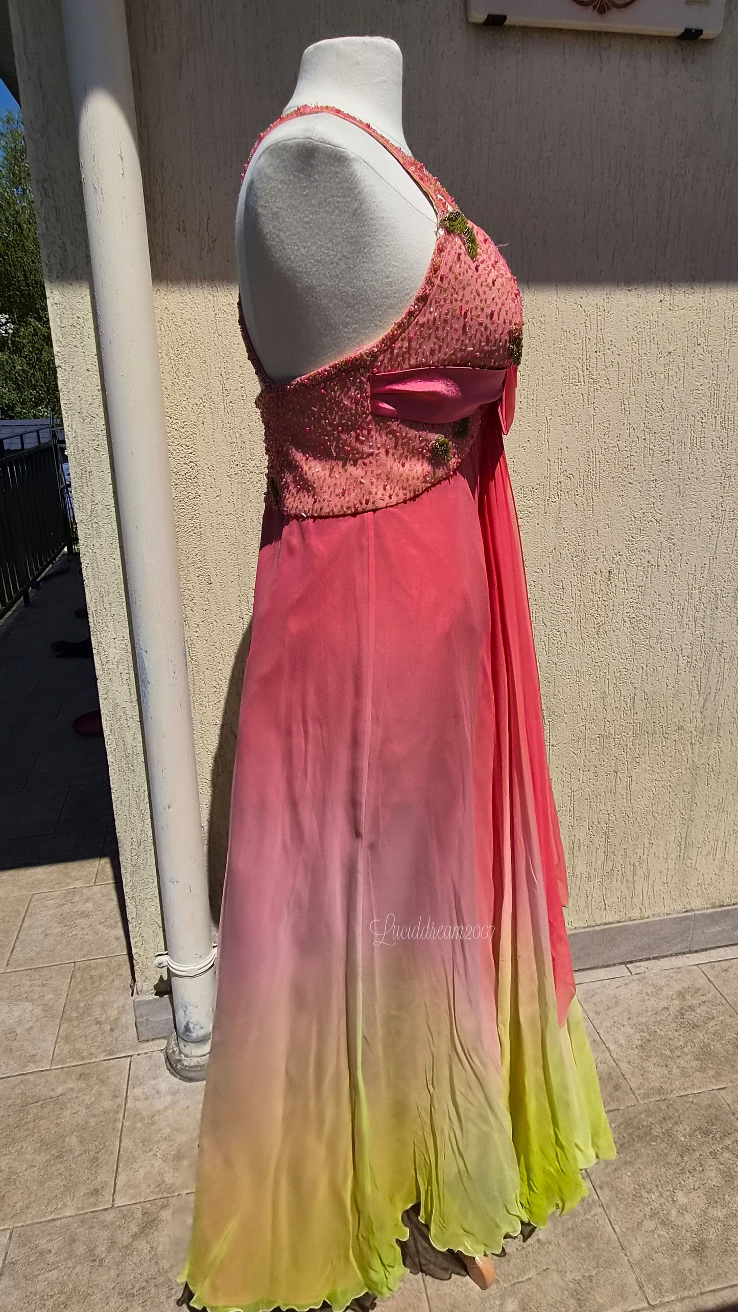 Robe en soie dégradée rose et vert