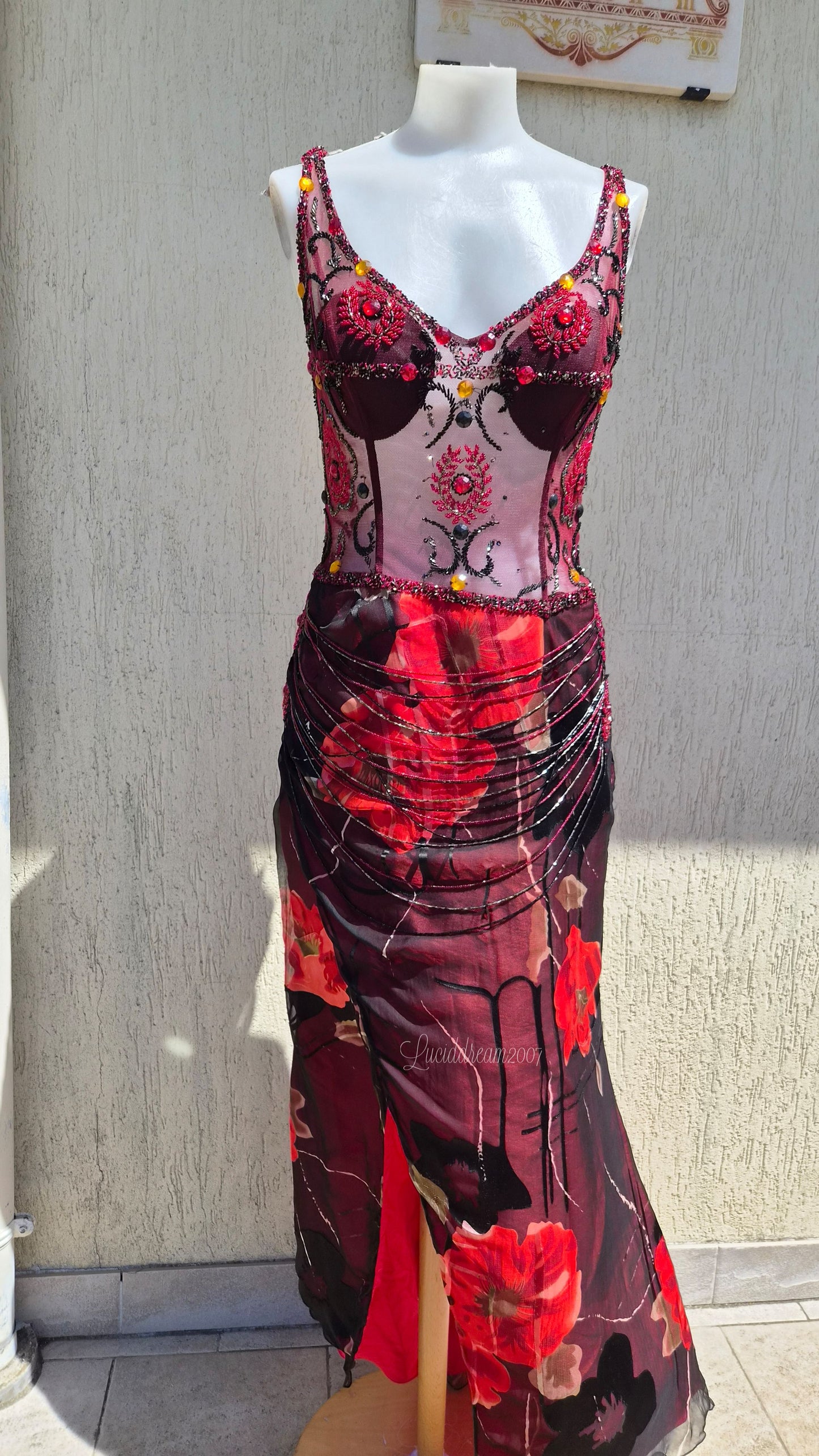 Embroidered red and black dress
