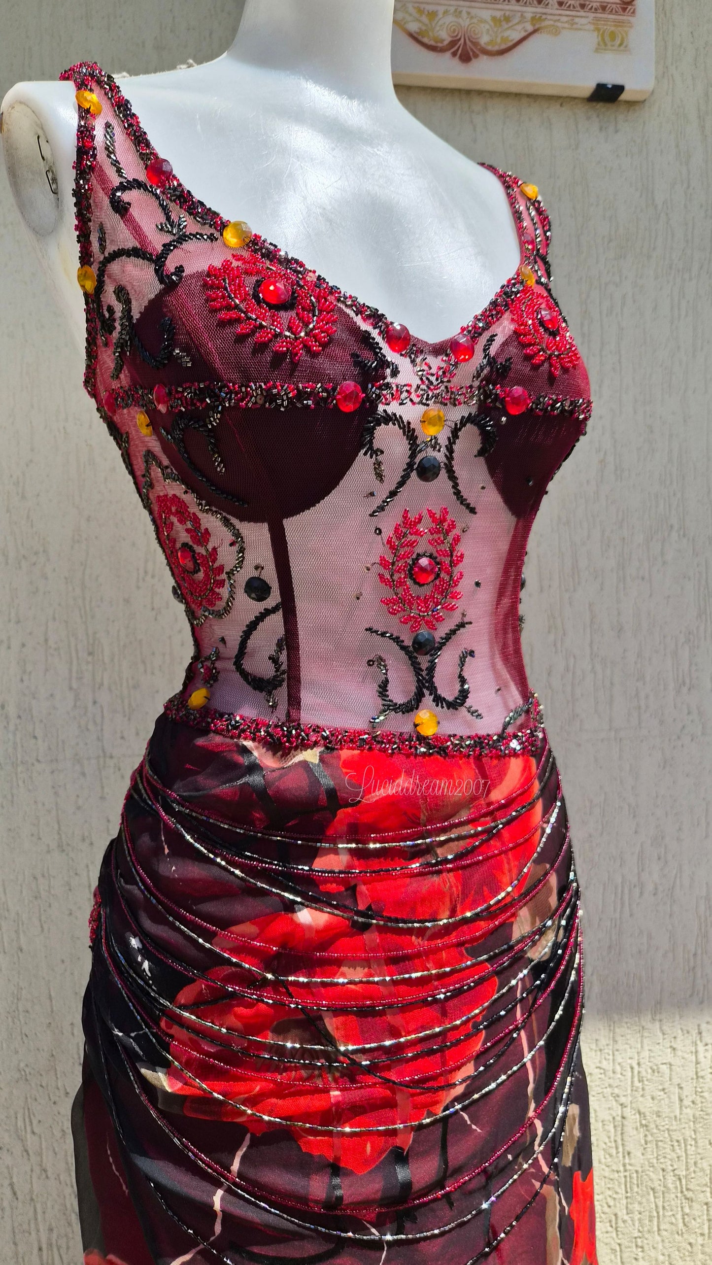 Embroidered red and black dress