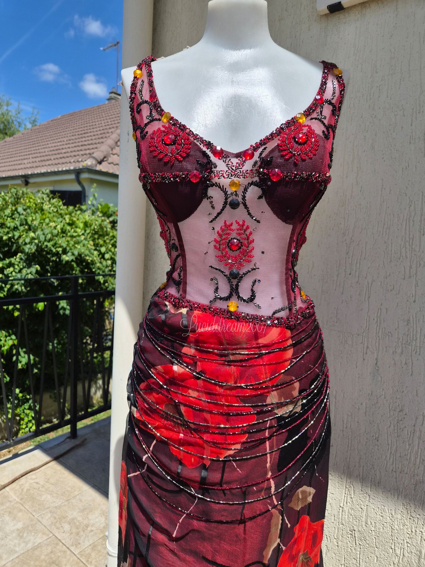 Embroidered red and black dress