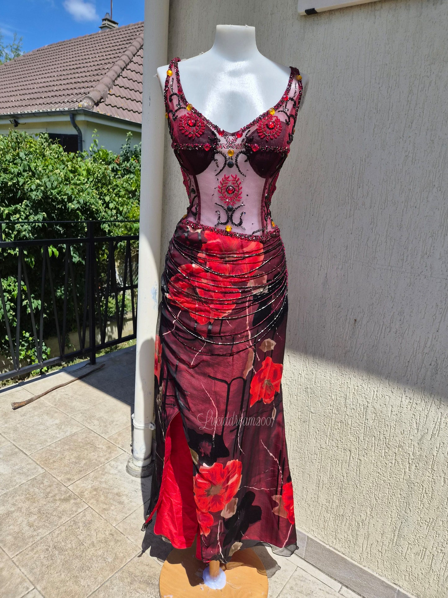 Embroidered red and black dress