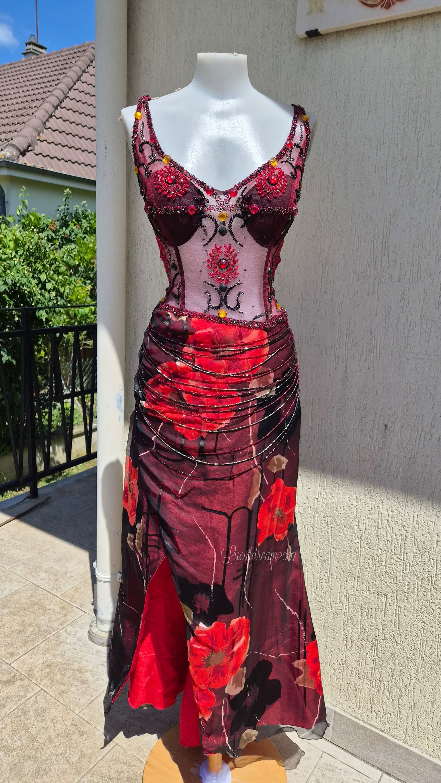 Embroidered red and black dress