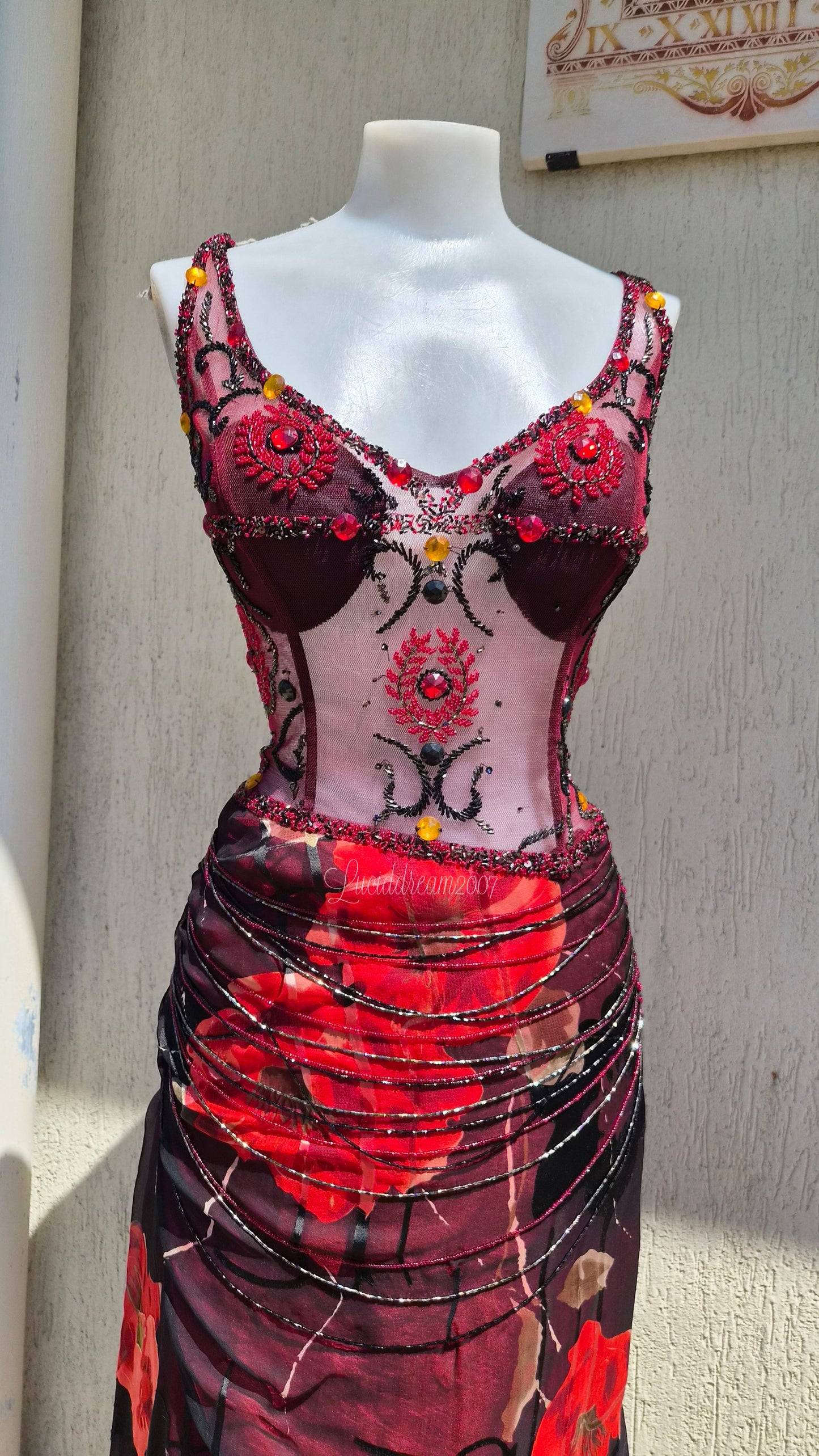 Embroidered red and black dress