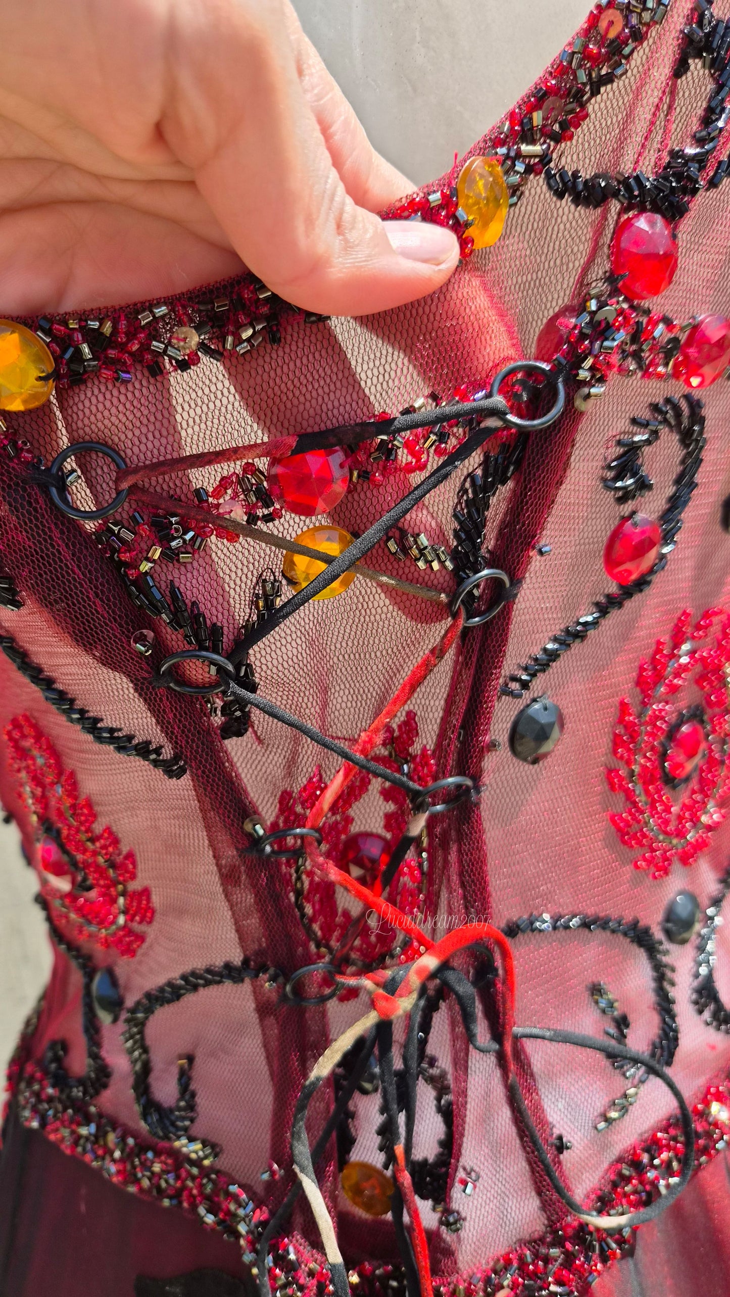 Embroidered red and black dress