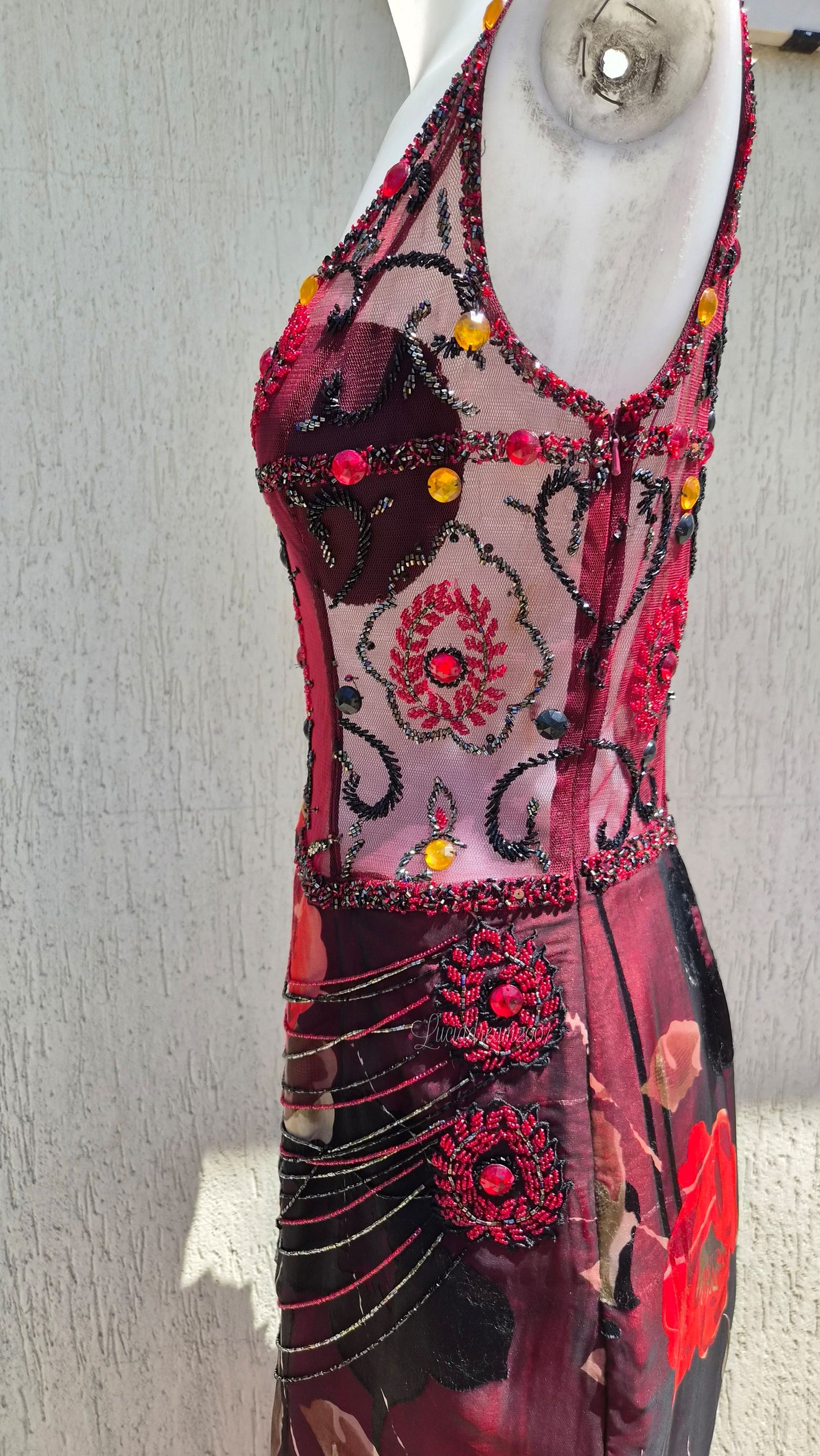 Embroidered red and black dress