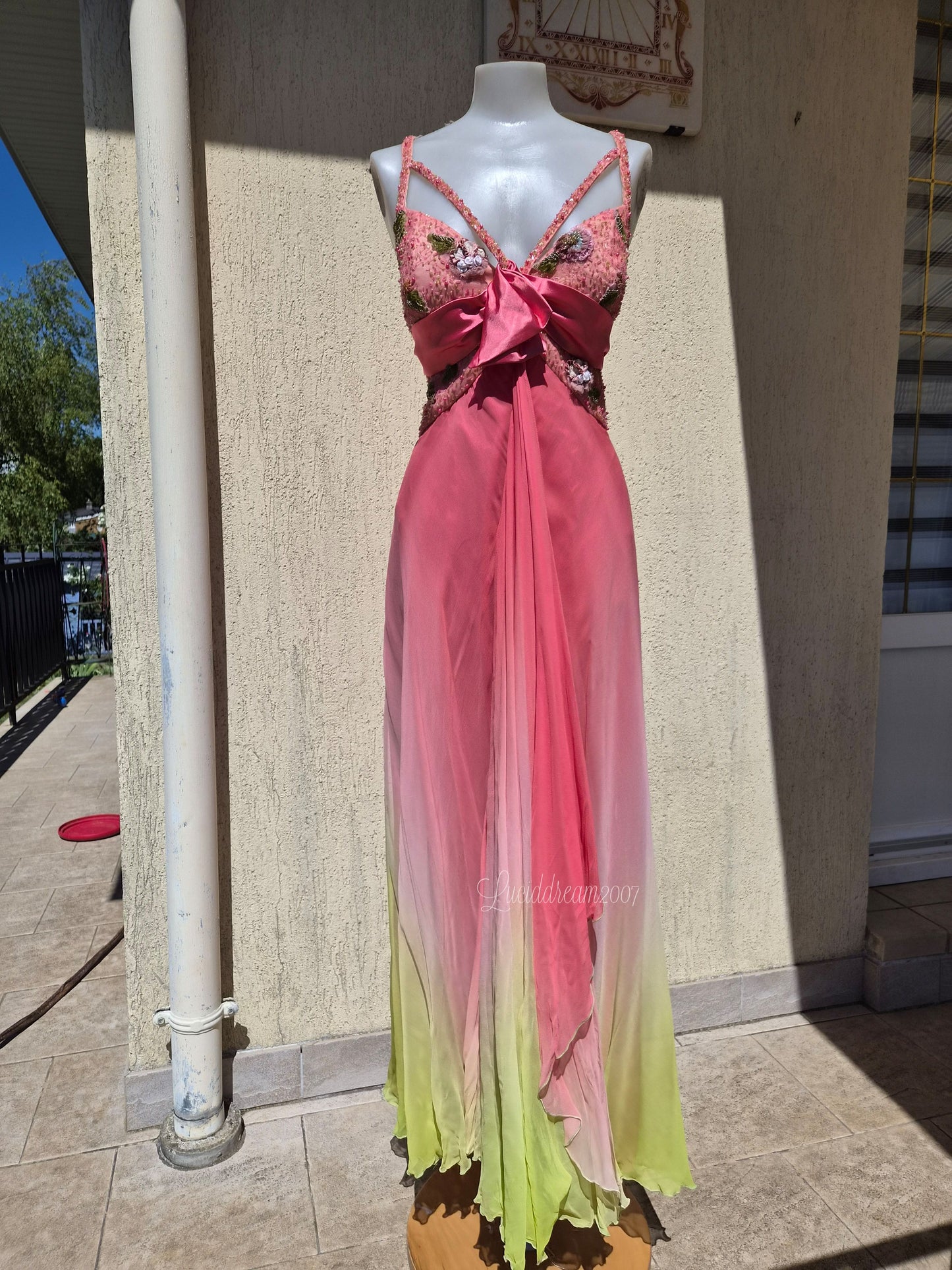 Robe en soie dégradée rose et vert