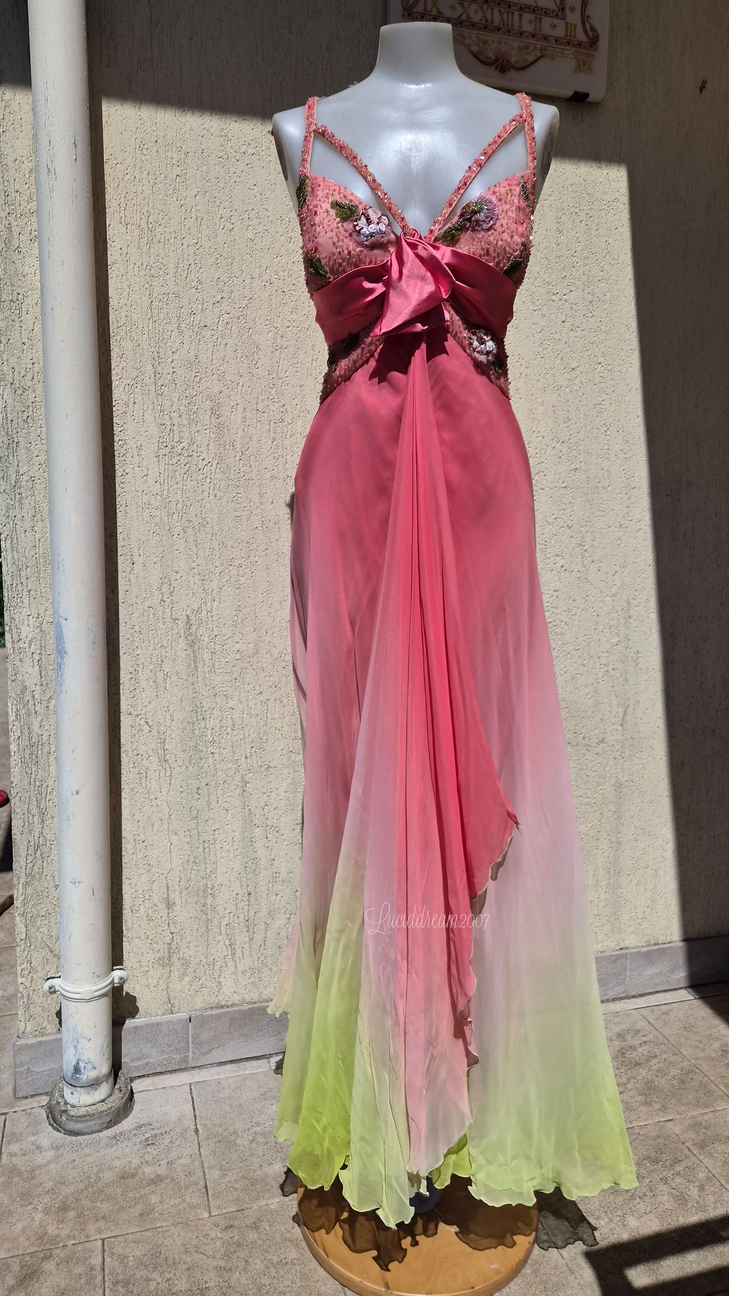 Robe en soie dégradée rose et vert