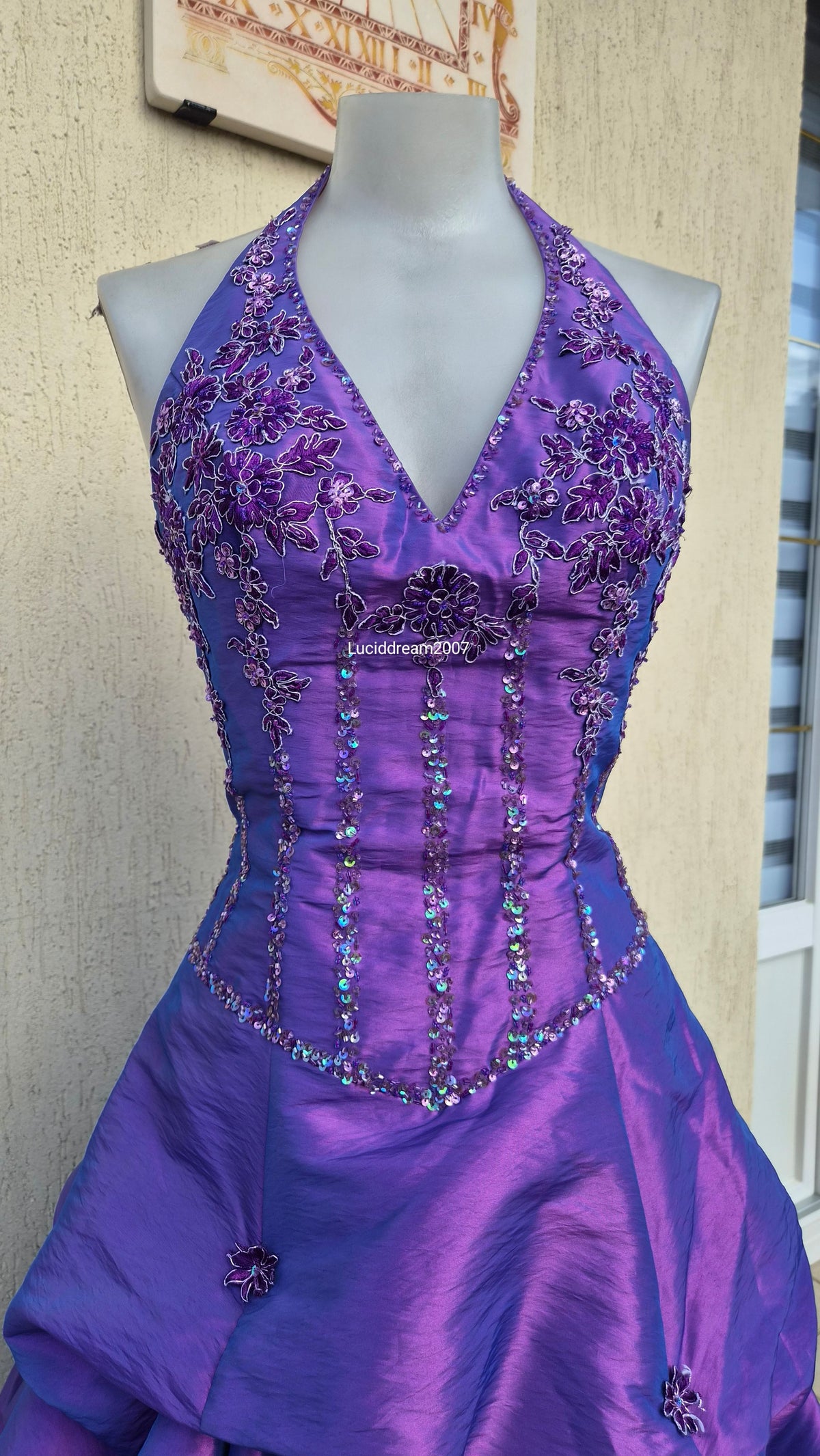 Purple ball gown with embroidery