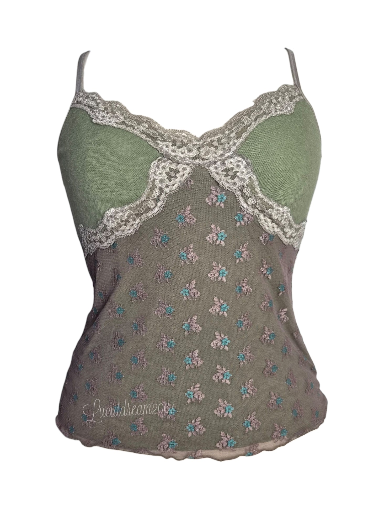 Haut vert et marron détails dentelle