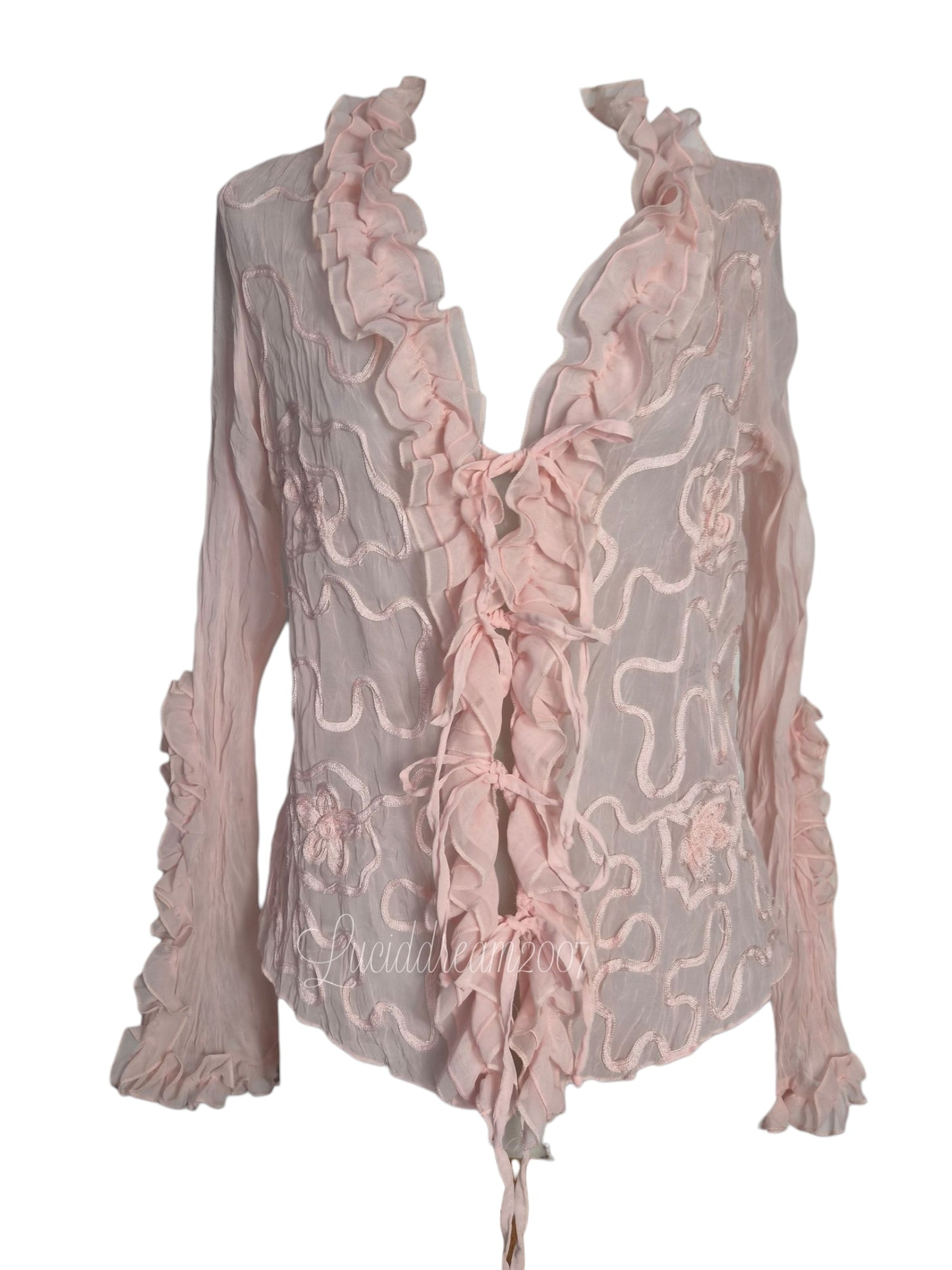 Chemisier à manches longues, de couleur rose pâle en voile transparent et froissé, avec des motifs brodés en relief. Haut vintage dans le style fairycore coquette sorti d'une reverie